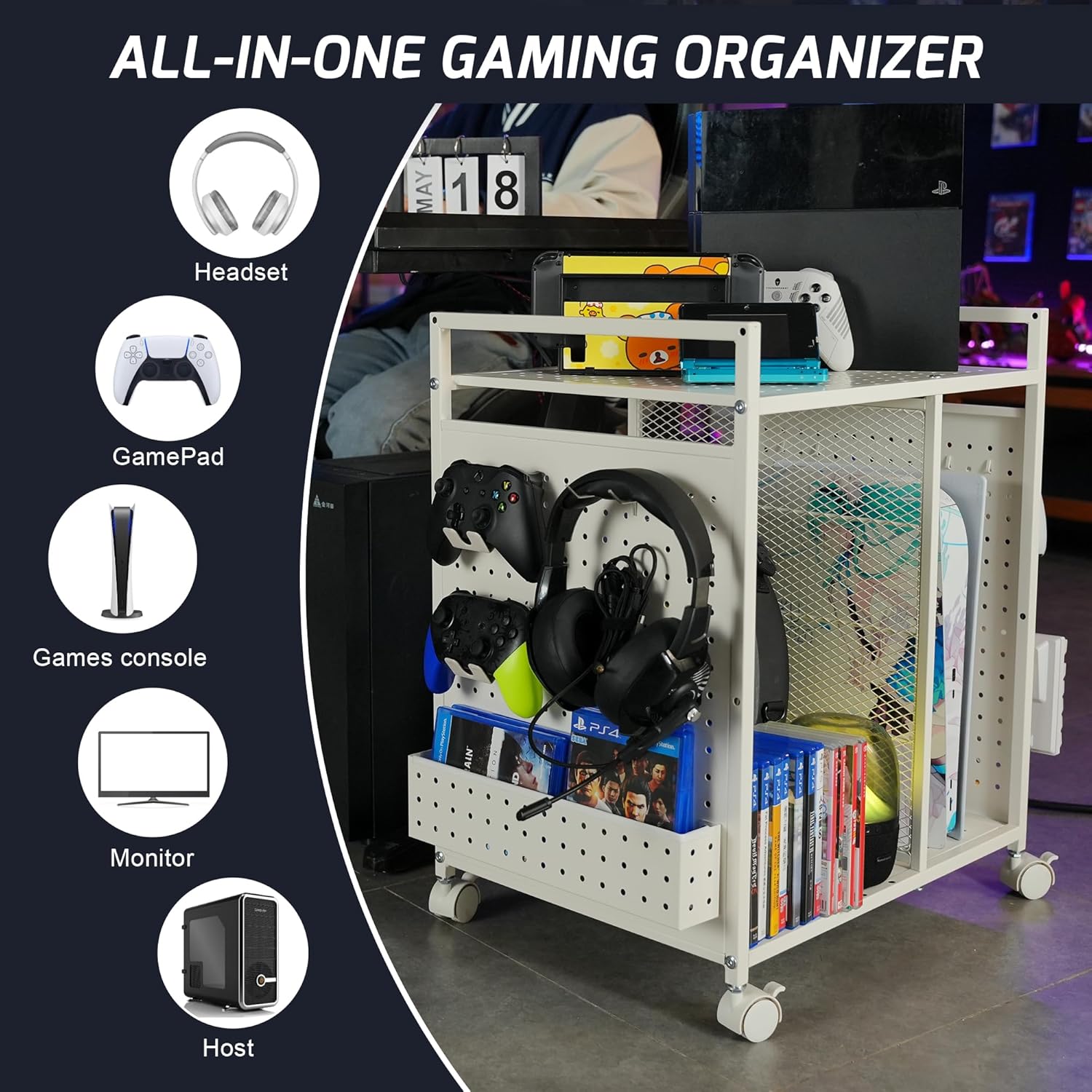 PLKOW Video Game Storage Rack, Game Storage Organizer for Consoles, Controllers, Headphones PS5 PS4 Xbox Switch Nintendo Accessories, Rolling PS5 Console Stand, Perfect Holiday Present