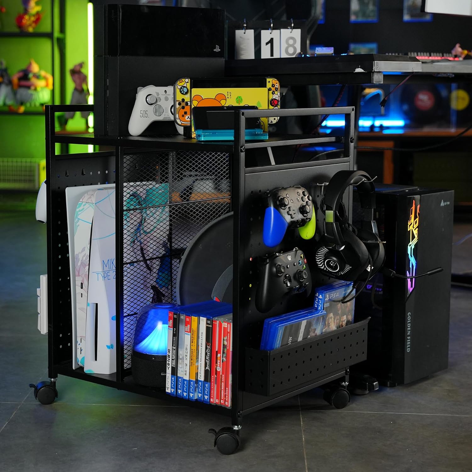 PLKOW Video Game Storage Rack, Game Storage Organizer for Consoles, Controllers, Headphones PS5 PS4 Xbox Switch Nintendo Accessories, Rolling PS5 Console Stand, Perfect Holiday Present
