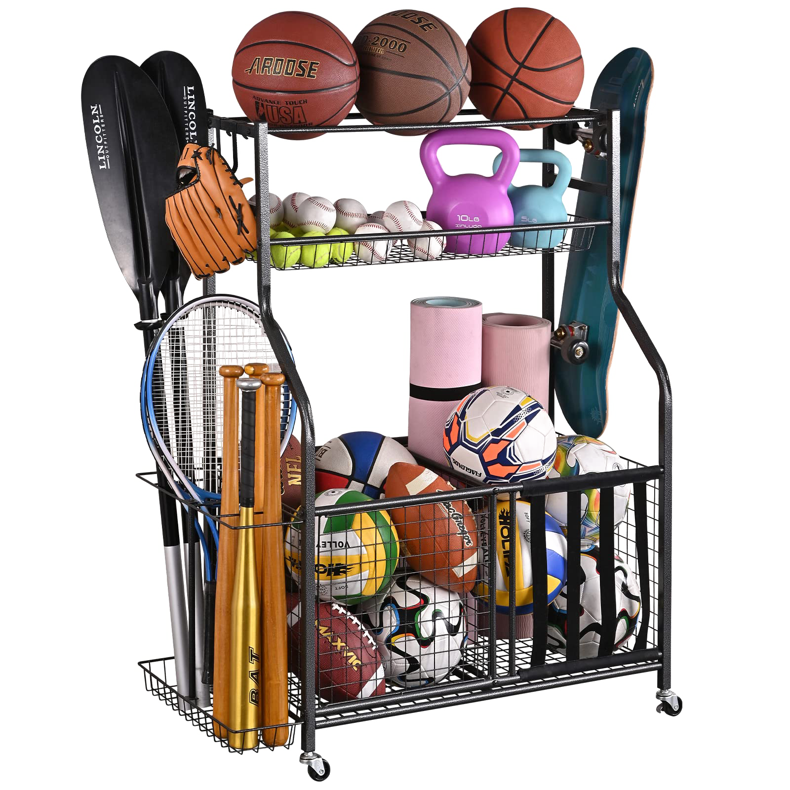 Mythinglogic Sports Equipment Organizer, Large Capacity Storage With Hooks and Baskets, Ball and Toy Organizer for Garage