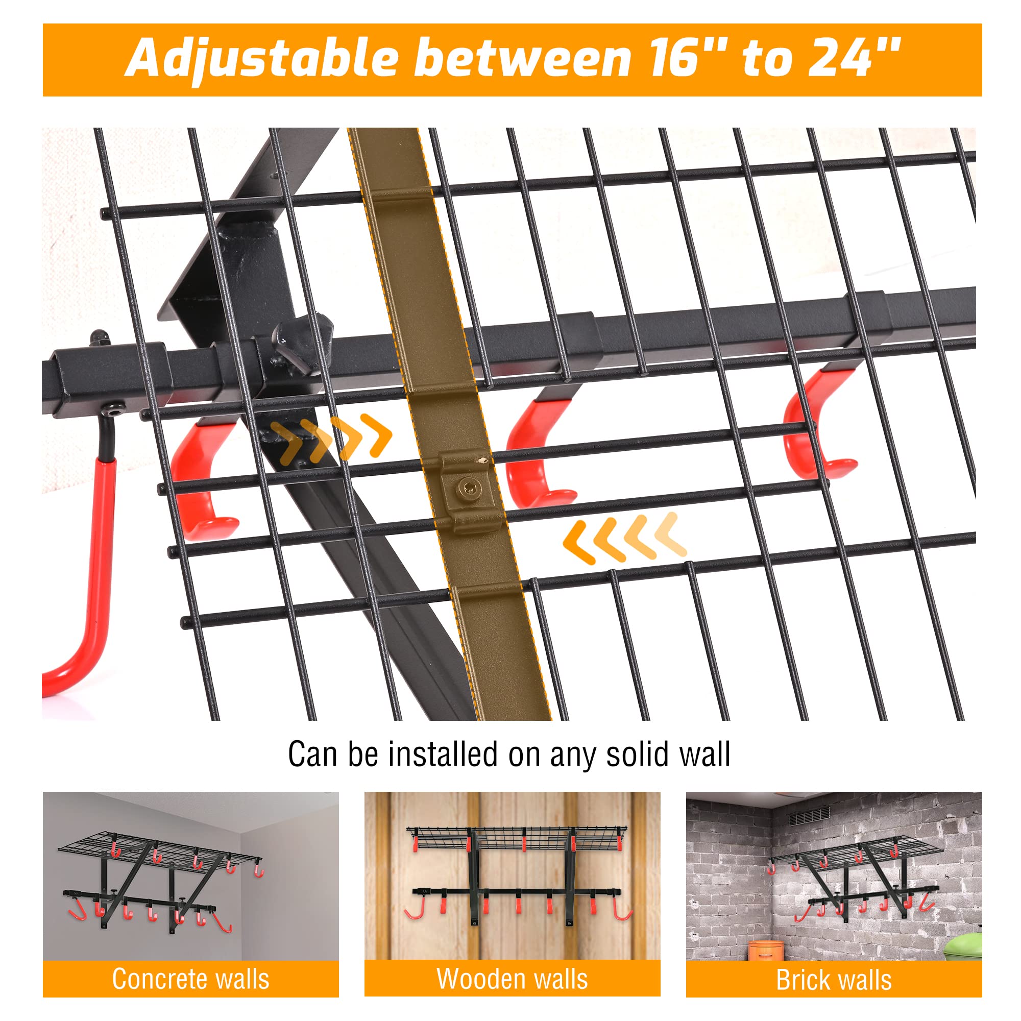 PLKOW Garage Wall Shelving 4-Pack Includes Bike Hooks, Sturdy Adjustable Garage Shelving Wall Mount Garage Wall Organizer (Black, 4-Pack)