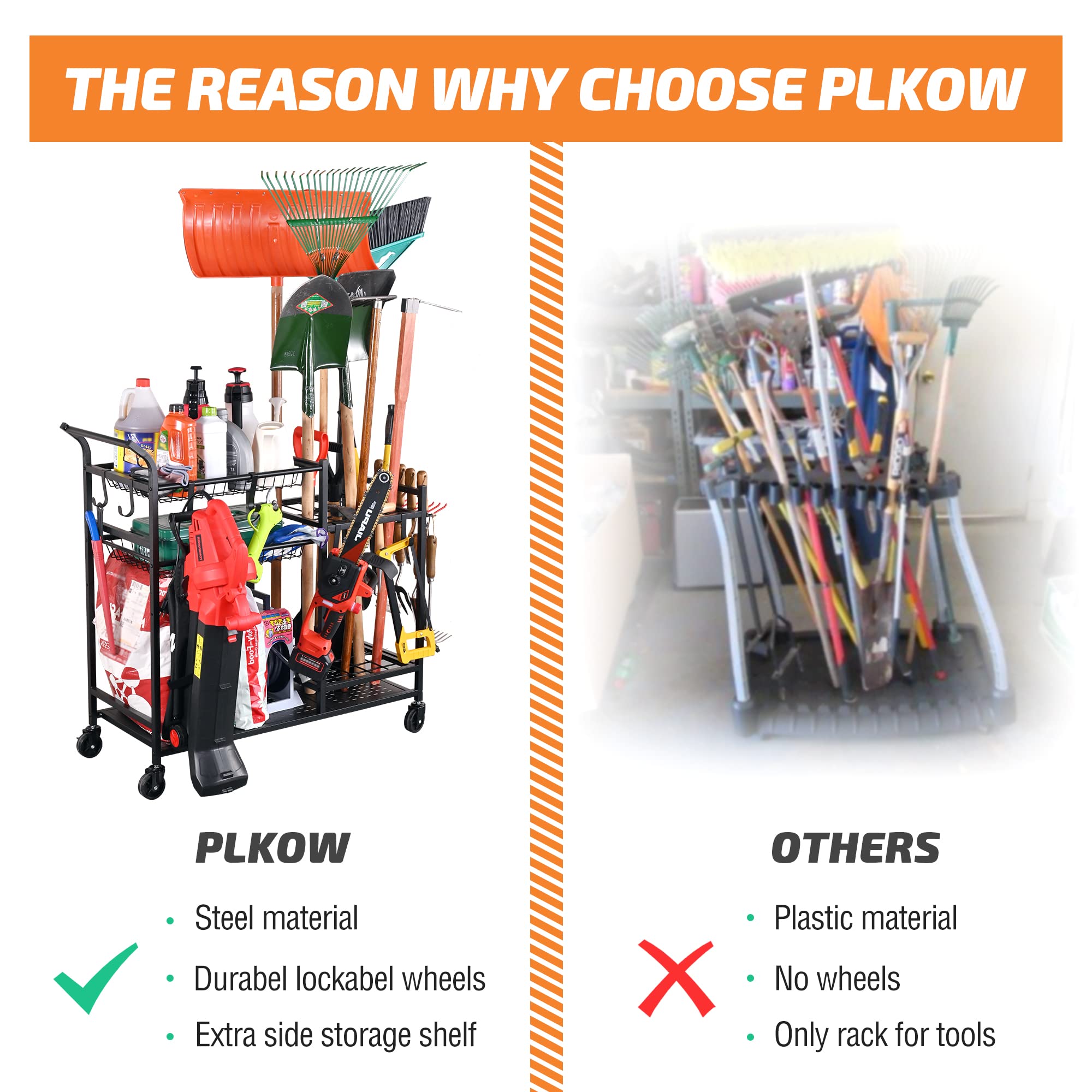 PLKOW Garden Storage Rack Cart with Wheels for Rakes, Shovel, Fertilizer