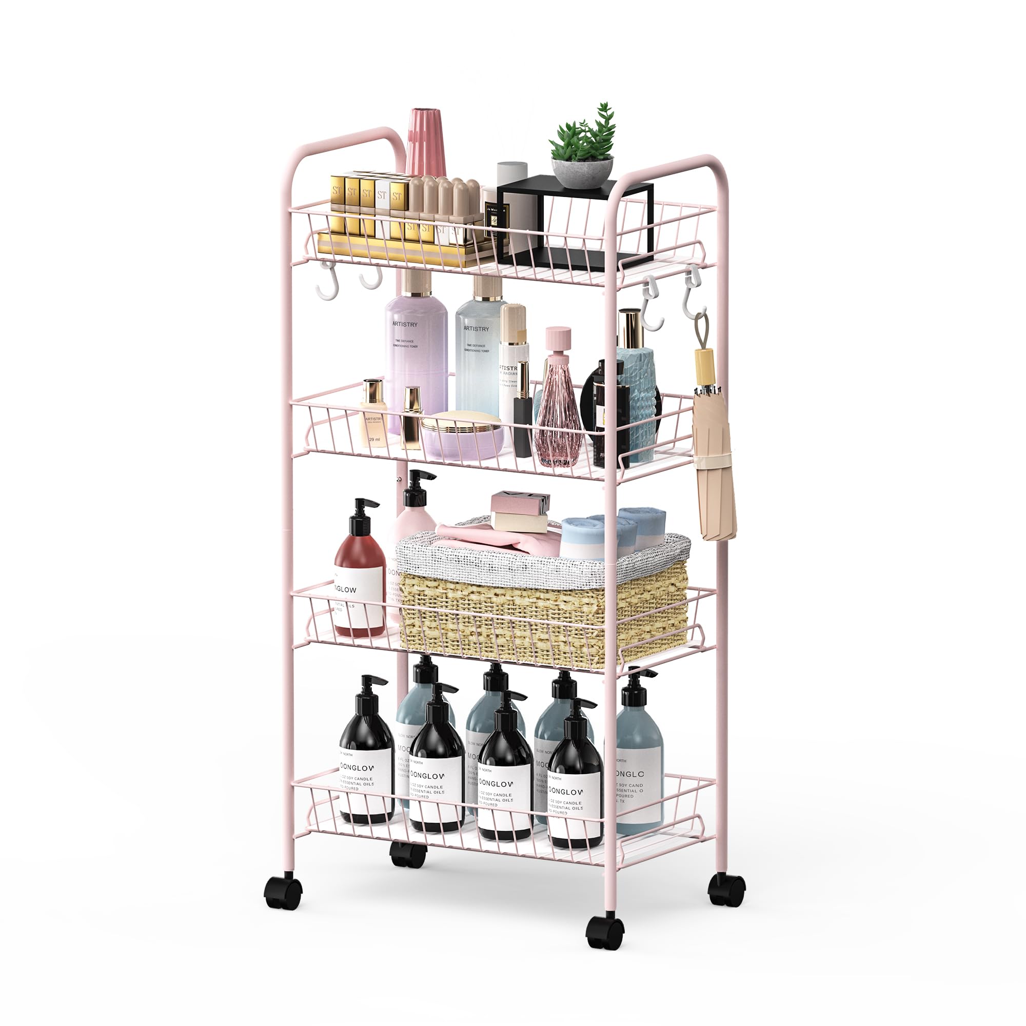 Mythinglogic 4-Tier Rolling Cart with 360° Wheels, Snack Cart, Removable Wire Baskets, Metal Utility Storage Cart for Kitchen, Bathroom, Laundry Room, Office (Pink)