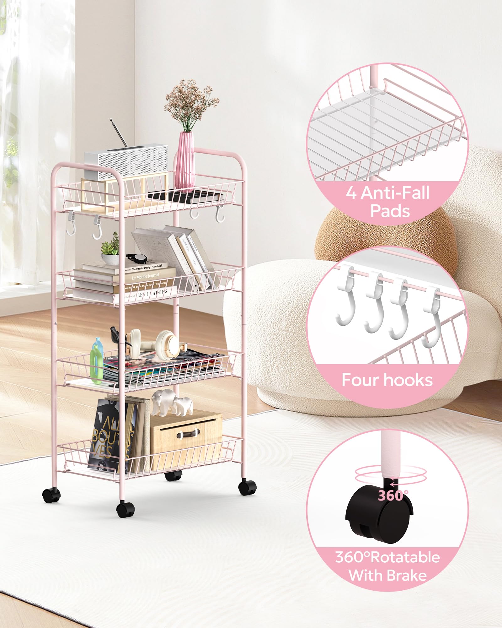 Mythinglogic 4-Tier Rolling Cart with 360° Wheels, Snack Cart, Removable Wire Baskets, Metal Utility Storage Cart for Kitchen, Bathroom, Laundry Room, Office (Pink)