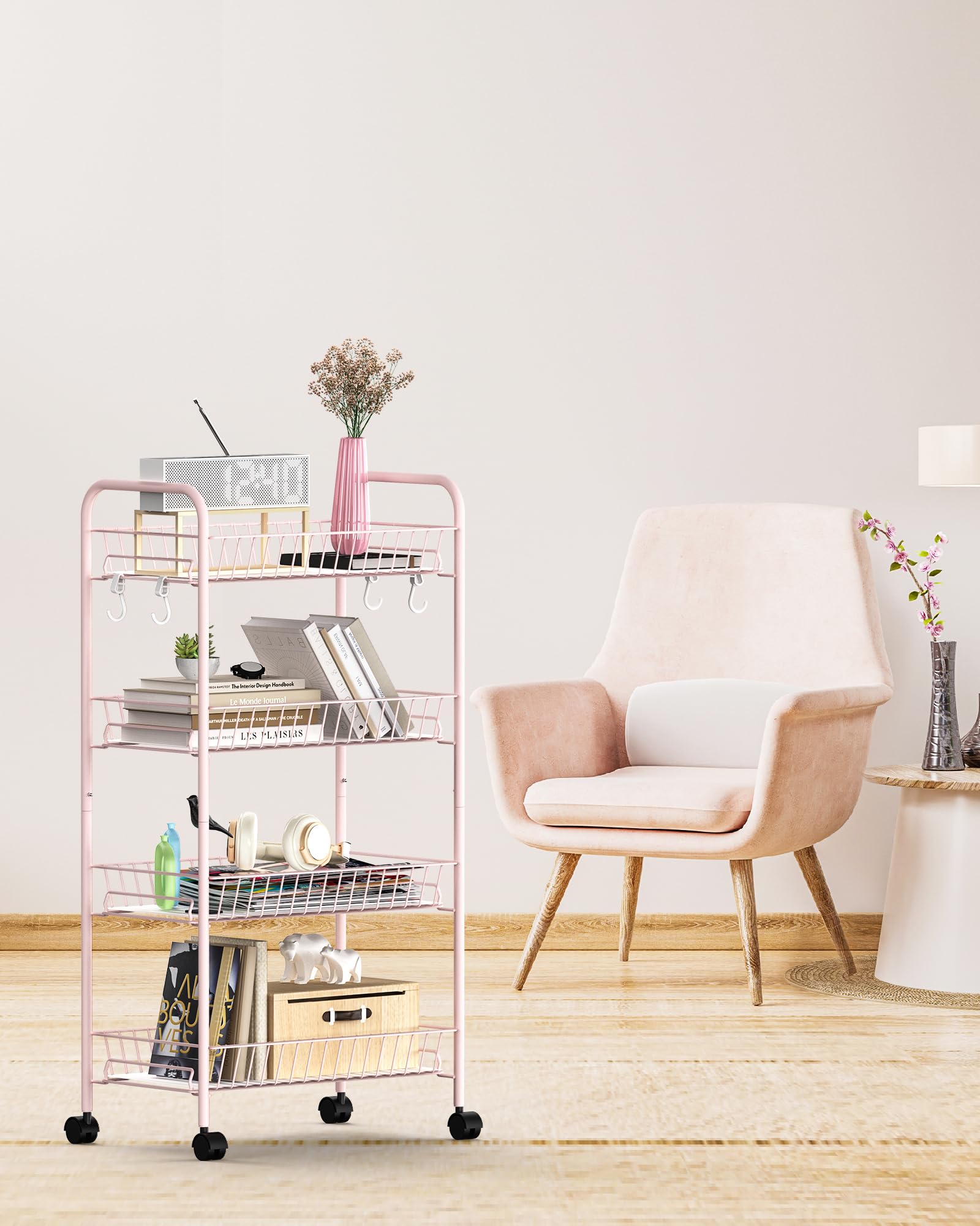 Mythinglogic 4-Tier Rolling Cart with 360° Wheels, Snack Cart, Removable Wire Baskets, Metal Utility Storage Cart for Kitchen, Bathroom, Laundry Room, Office (Pink)