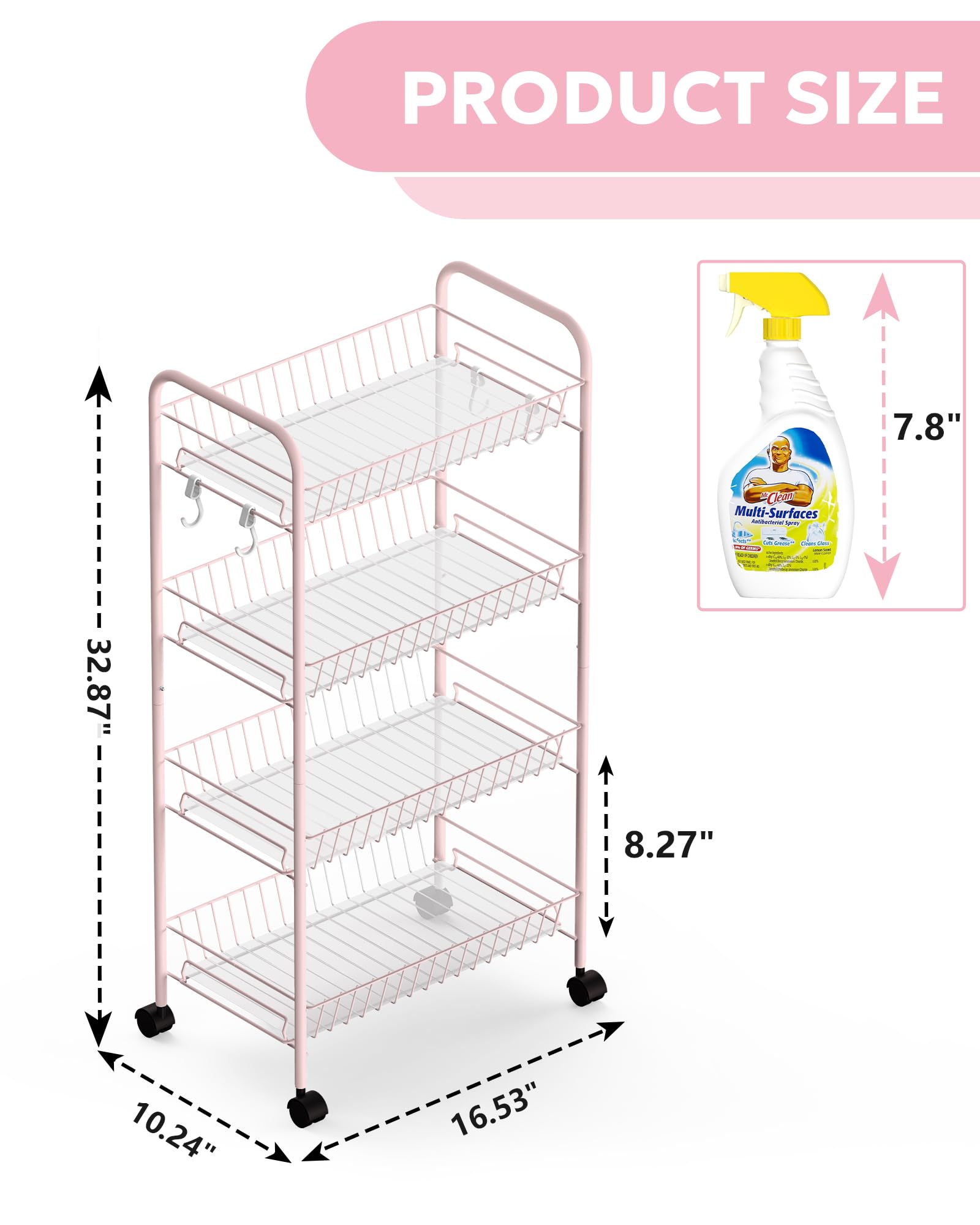 Mythinglogic 4-Tier Rolling Cart with 360° Wheels, Snack Cart, Removable Wire Baskets, Metal Utility Storage Cart for Kitchen, Bathroom, Laundry Room, Office (Pink)