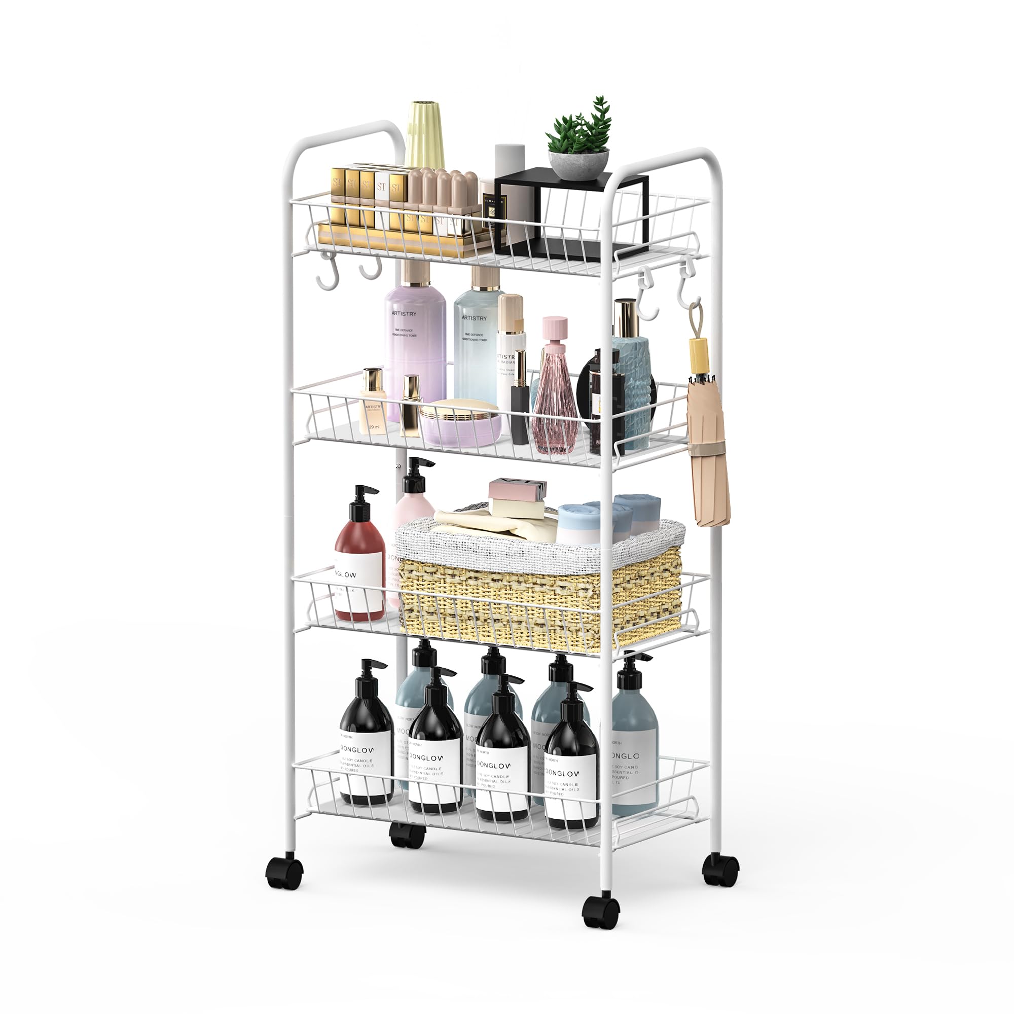 Mythinglogic 4-Tier Rolling Cart with 360° Wheels, Snack Cart, Removable Wire Baskets, Metal Utility Storage Cart for Kitchen, Bathroom, Laundry Room, Office (White)