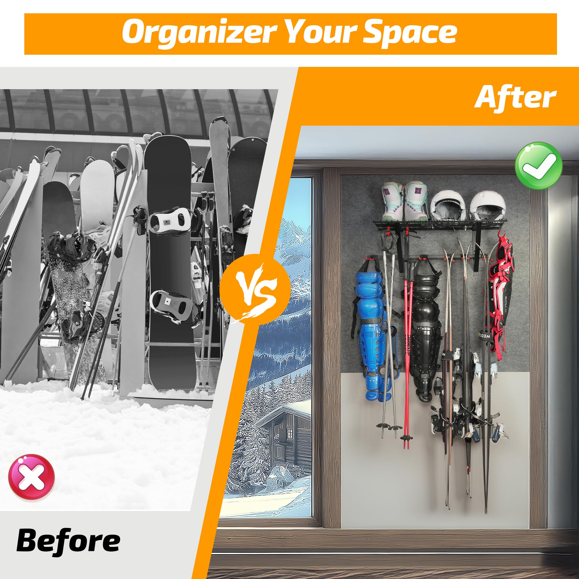 PLKOW Ski Rack Wall Mounted, Skis Storage Rack for Garage with Top Storage Shelf, Customizable Spacing Garage Ski Holder for Wall, Holds Up to 280lbs, Steel