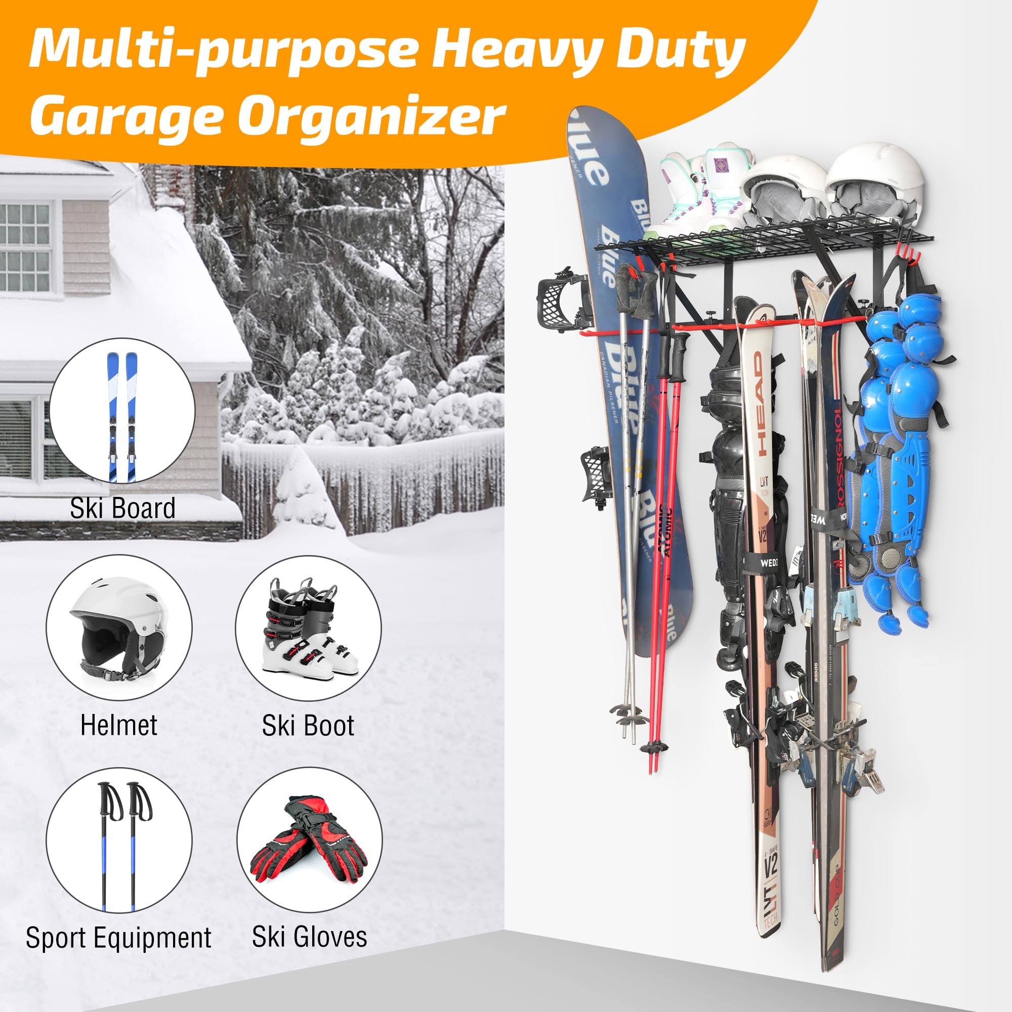 PLKOW Ski Rack Wall Mounted, Skis Storage Rack for Garage with Top Storage Shelf, Customizable Spacing Garage Ski Holder for Wall, Holds Up to 280lbs, Steel