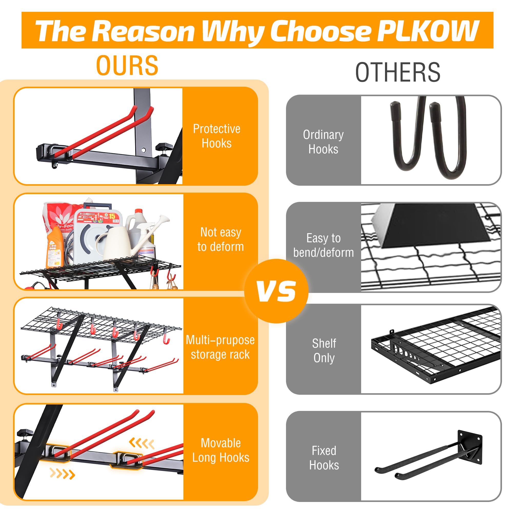 PLKOW Ski Rack Wall Mounted, Skis Storage Rack for Garage with Top Storage Shelf, Customizable Spacing Garage Ski Holder for Wall, Holds Up to 280lbs, Steel