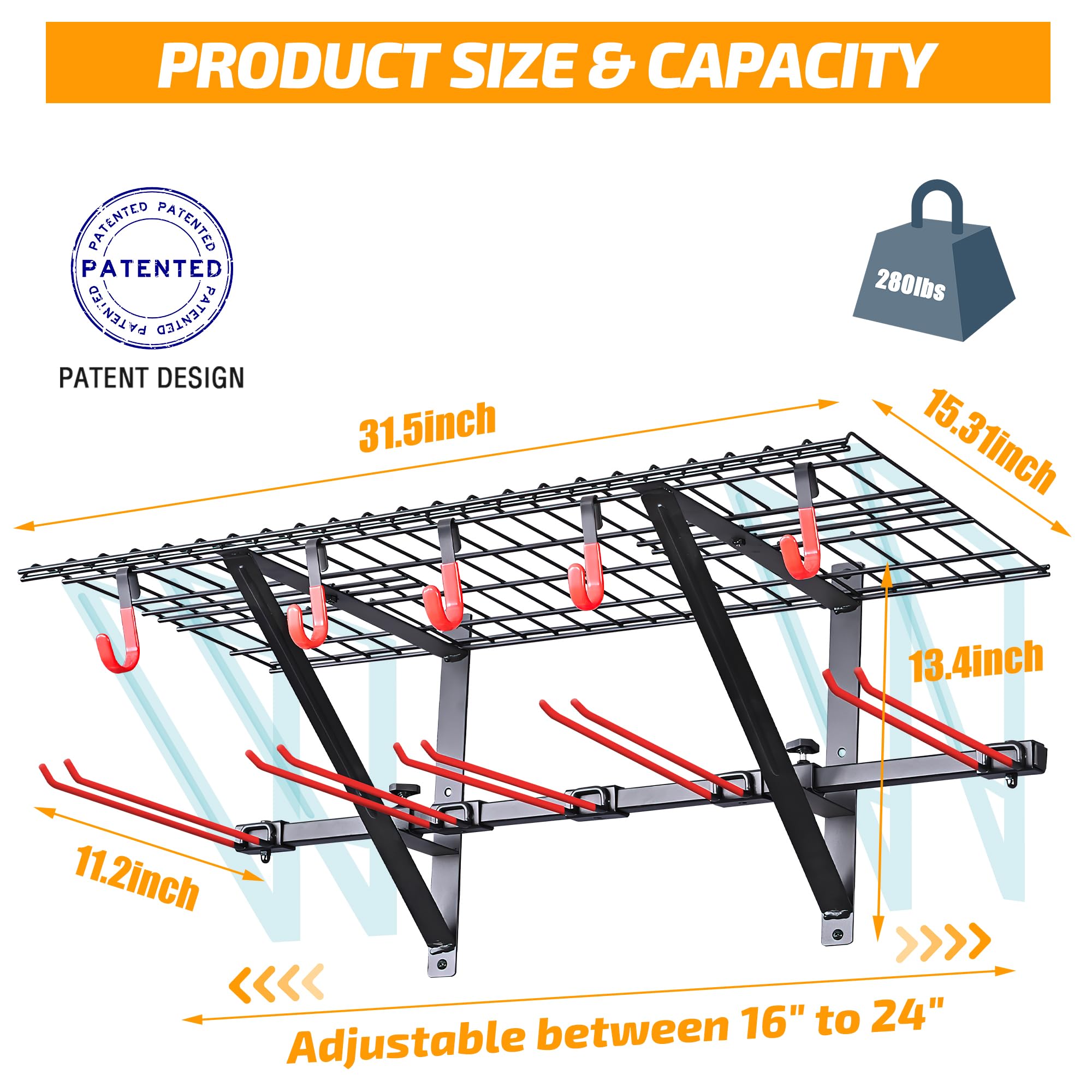 PLKOW Ski Rack Wall Mounted, Skis Storage Rack for Garage with Top Storage Shelf, Customizable Spacing Garage Ski Holder for Wall, Holds Up to 280lbs, Steel
