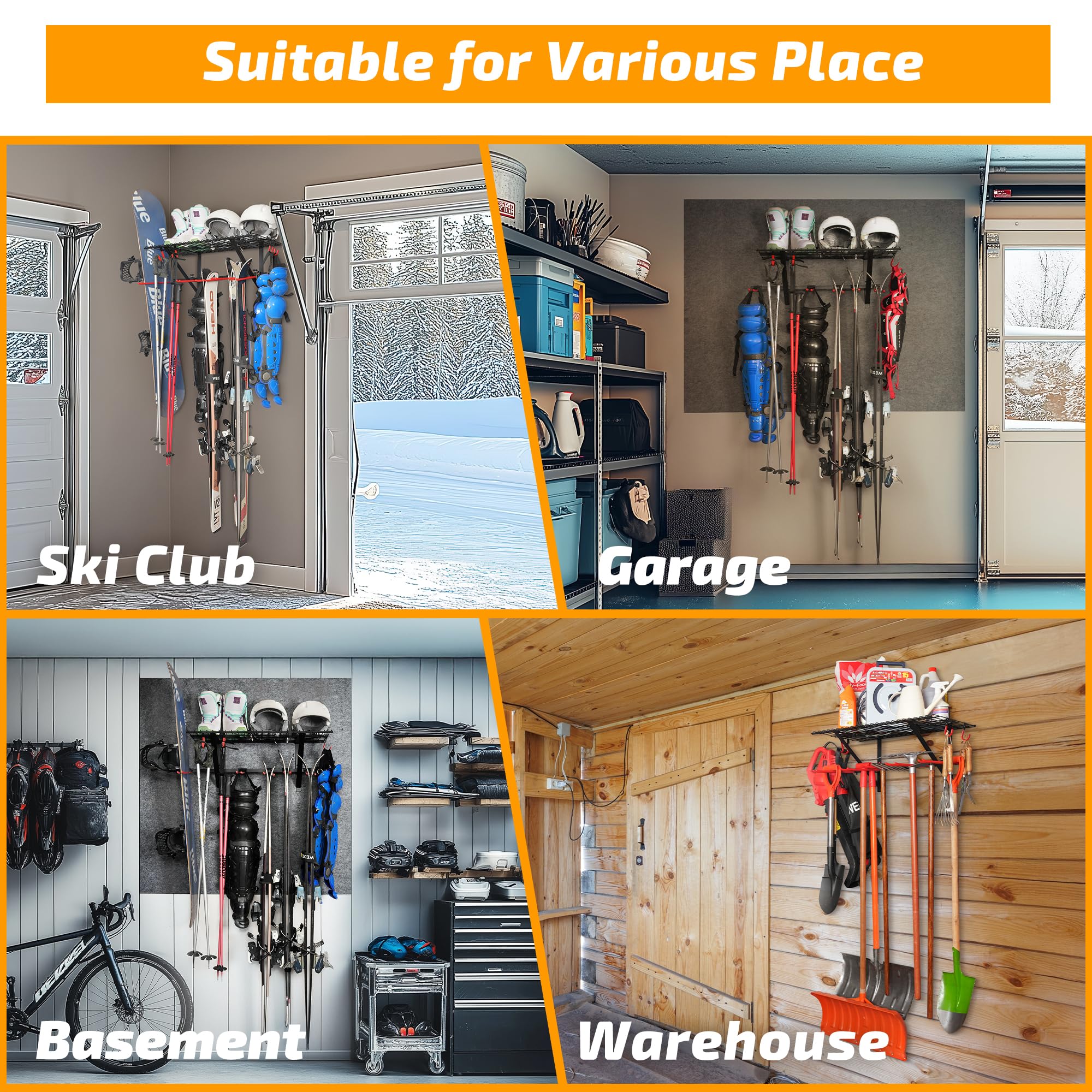 PLKOW Ski Rack Wall Mounted, Skis Storage Rack for Garage with Top Storage Shelf, Customizable Spacing Garage Ski Holder for Wall, Holds Up to 280lbs, Steel