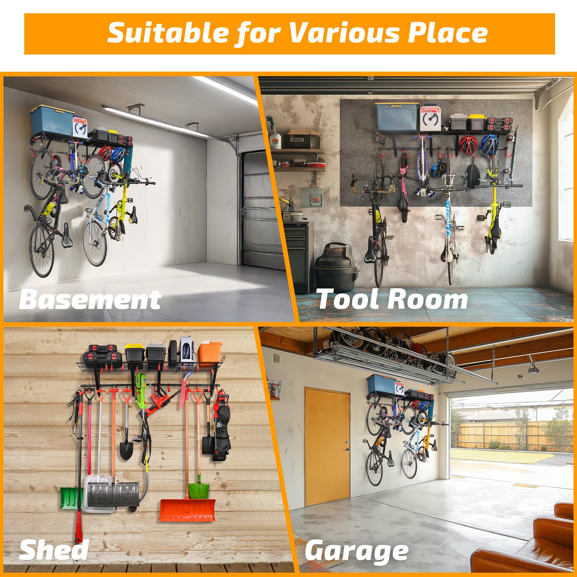 PLKOW Garage Wall Shelving Bike Rack Garage, Wall Mount Garage Bike Storage Rack with Adjustable Bike Hooks, Heavy-Duty Bike Organizer for Garage, 280 Lbs Load Capacity, 2-Pack