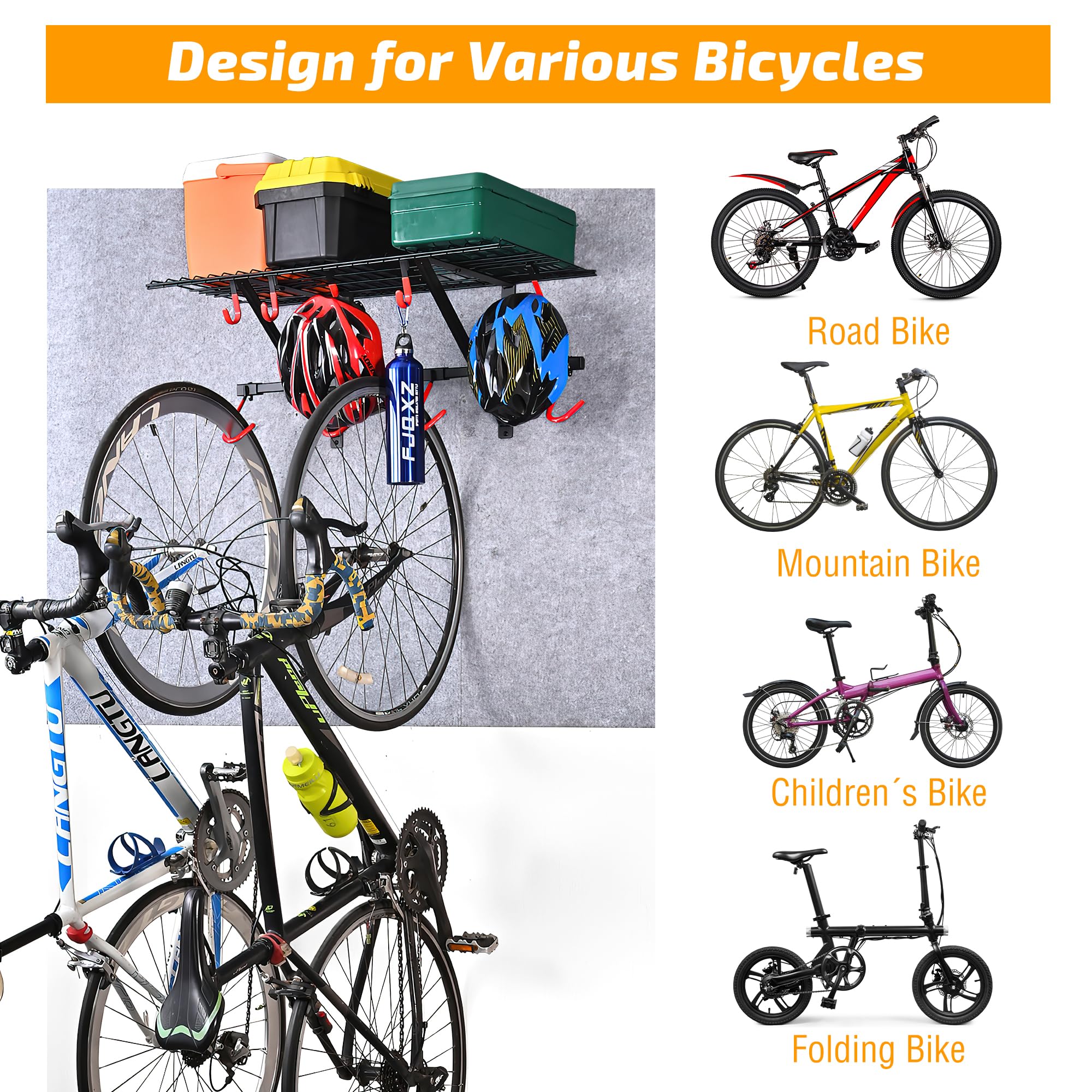 PLKOW Garage Wall Shelving Bike Rack Garage, Wall Mount Garage Bike Storage Rack with Adjustable Bike Hooks, Heavy-Duty Bike Organizer for Garage, 280 Lbs Load Capacity, 2-Pack