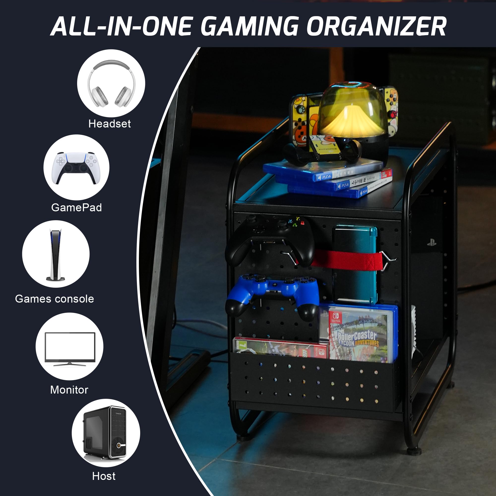 PLKOW Compact Video Game Storage Organizer, Xbox Stand Organizer for Consoles, Controllers, Headphones Xbox/PS5/PS4/Switch Accessories, Video Game Storage Rack, Black - A Great Gift for Gamers