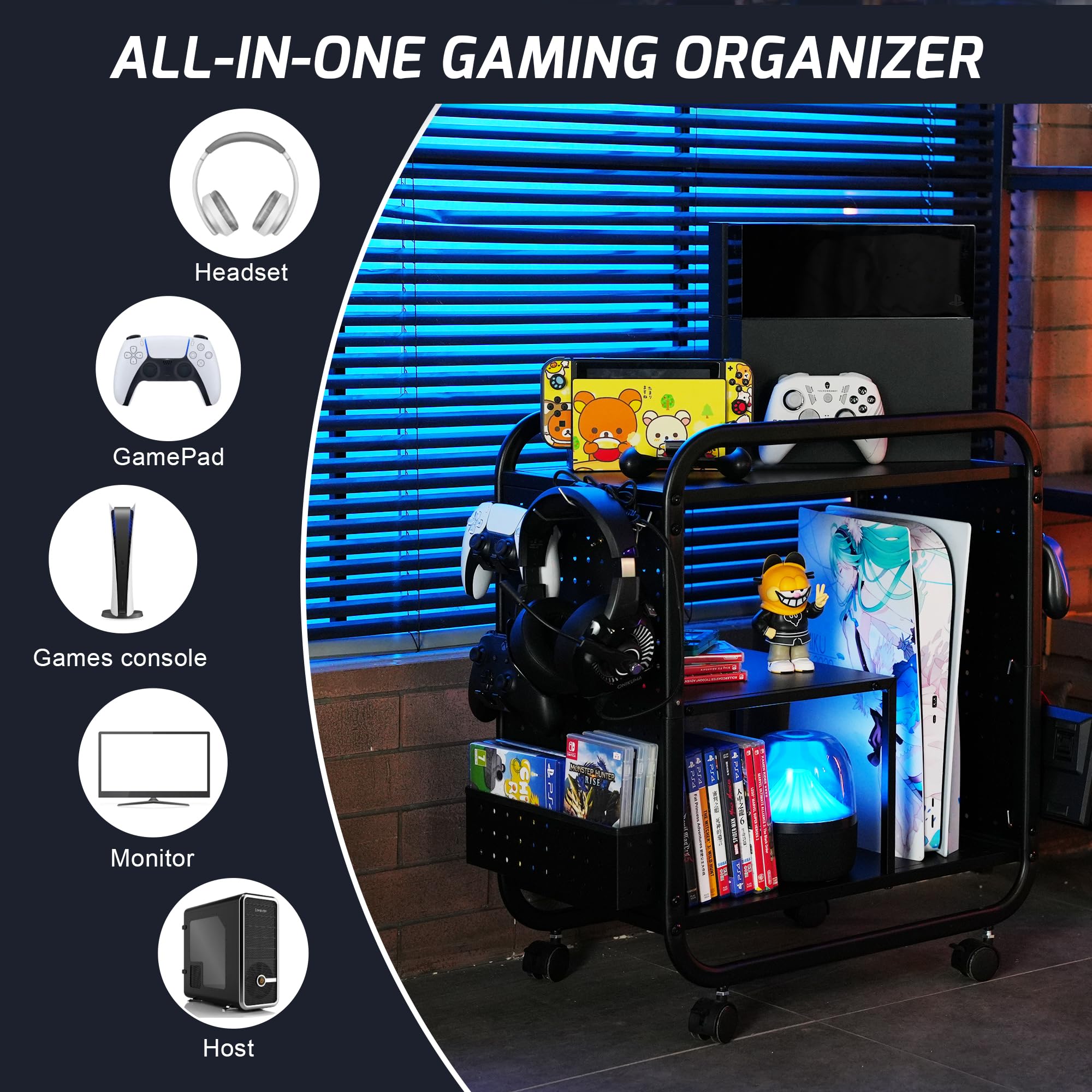 PLKOW Video Game Organizer, Rolling Video Game Storage Rack for Xbox/Switch/PS4/PS5 Accessories, Game Consoles Stand Controllers Holder, Perfect Holiday Present, Black