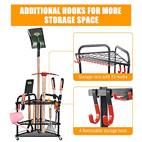 PLKOW Triangular Garden Tool Organizer with Wheels and Storage Hooks