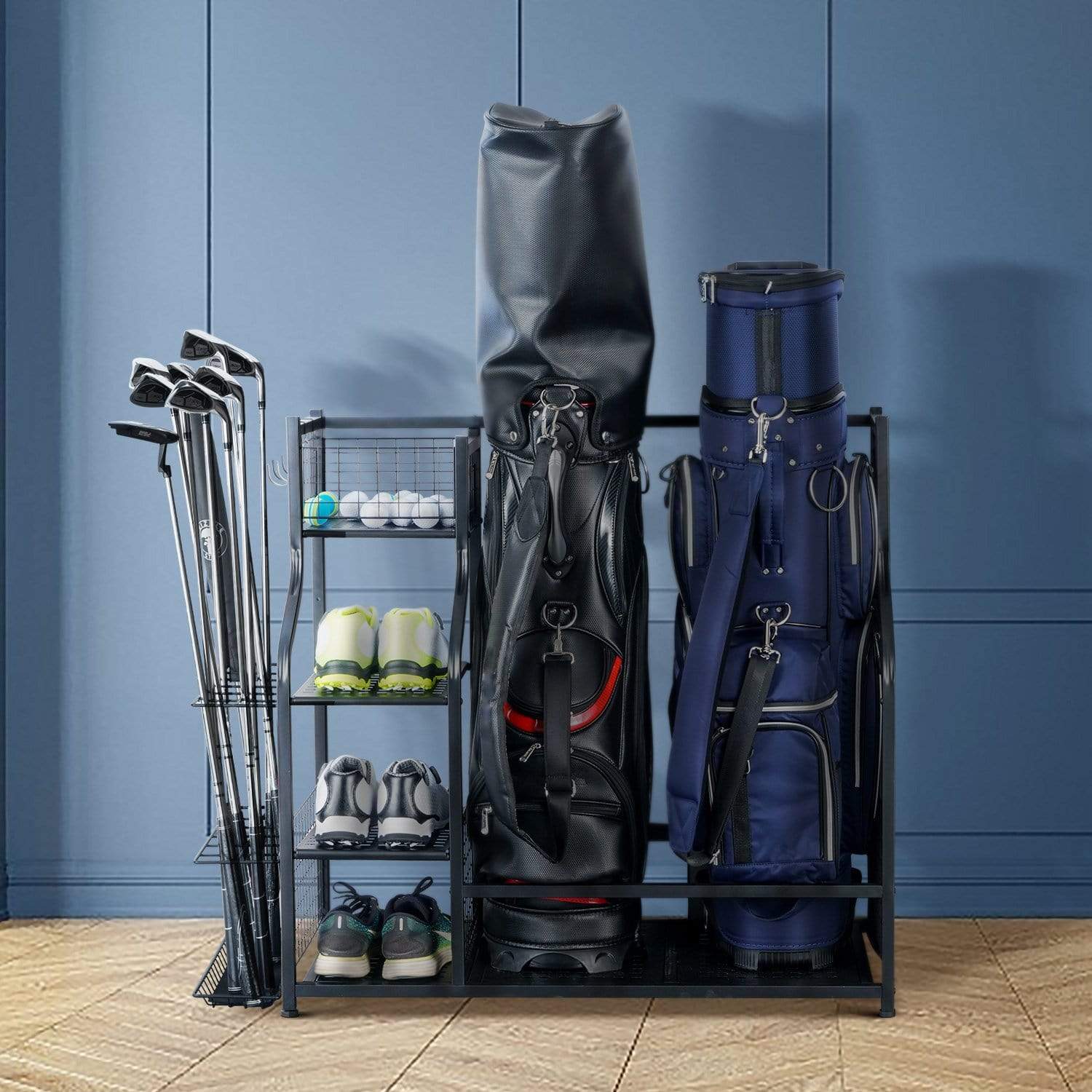 Mythinglogic 3 Bag Golf Organizer, golf organizer for garage, Heavy Duty Golf Rack, With Lockable Wheels
