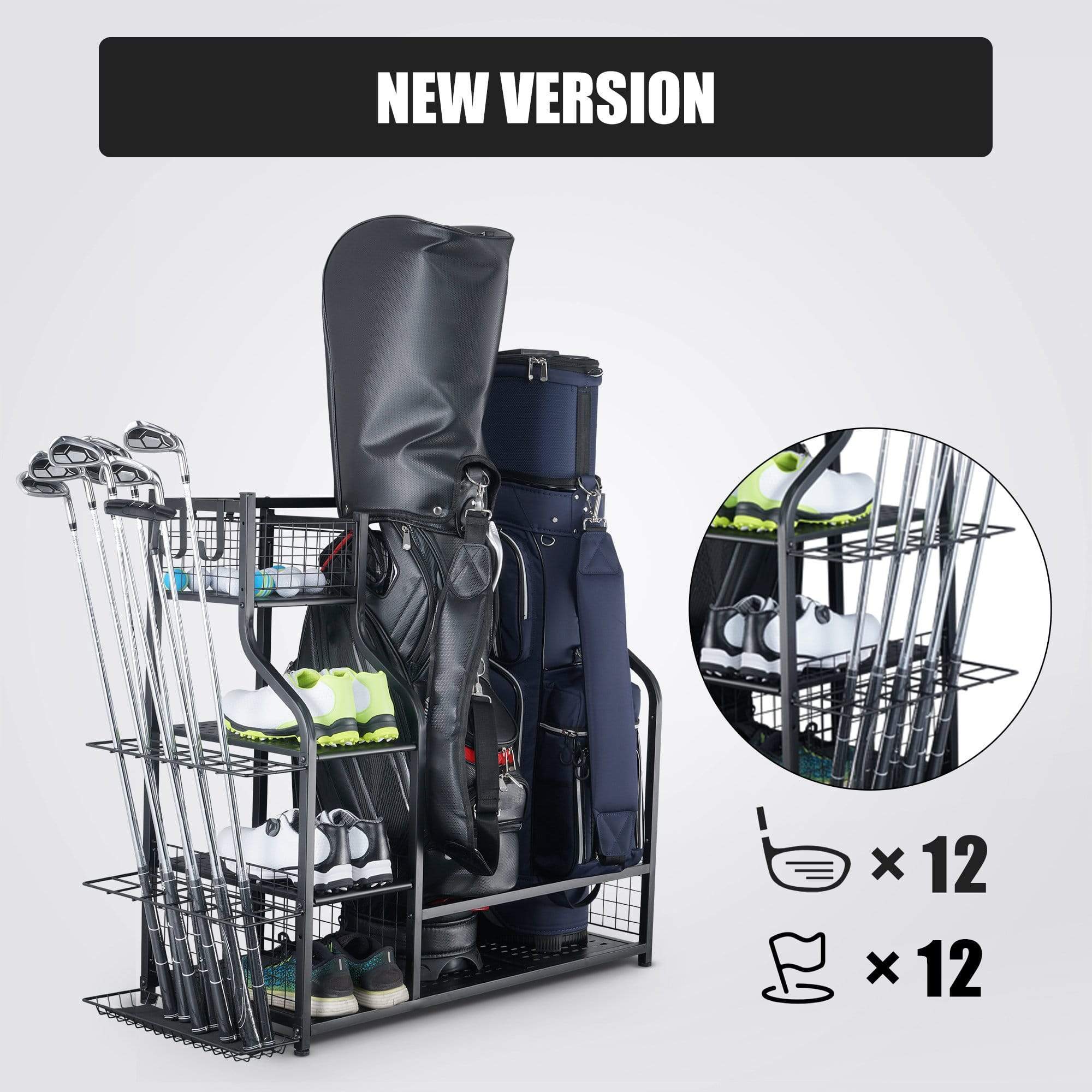 Mythinglogic 3 Bag Golf Organizer, golf organizer for garage, Heavy Duty Golf Rack, With Lockable Wheels