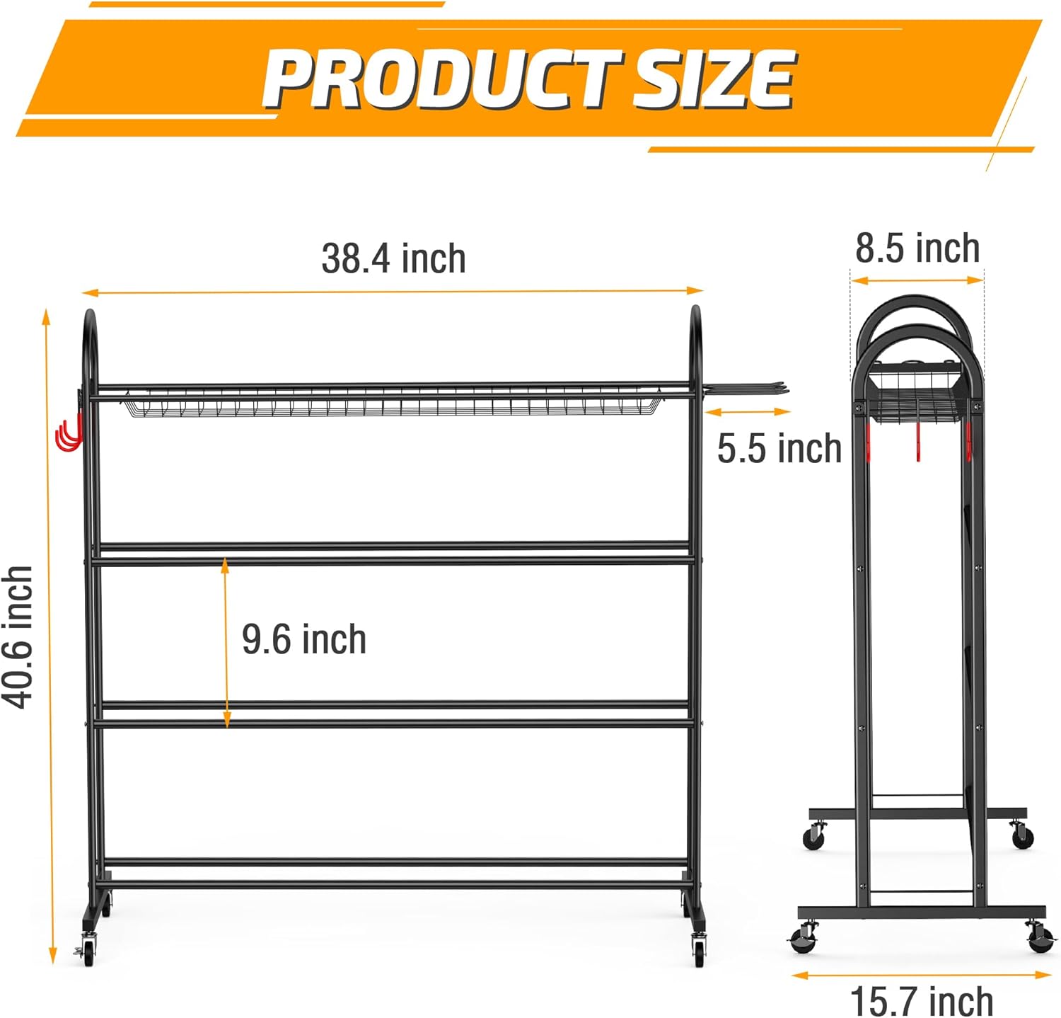 PLKOW Basketball Rack, Rolling Ball Storage with Baseball Bat Holder and Hooks, Sports Equipment Storage with Wheels for Volleyball, Football and Basketball Accessories, Powder Coated Steel