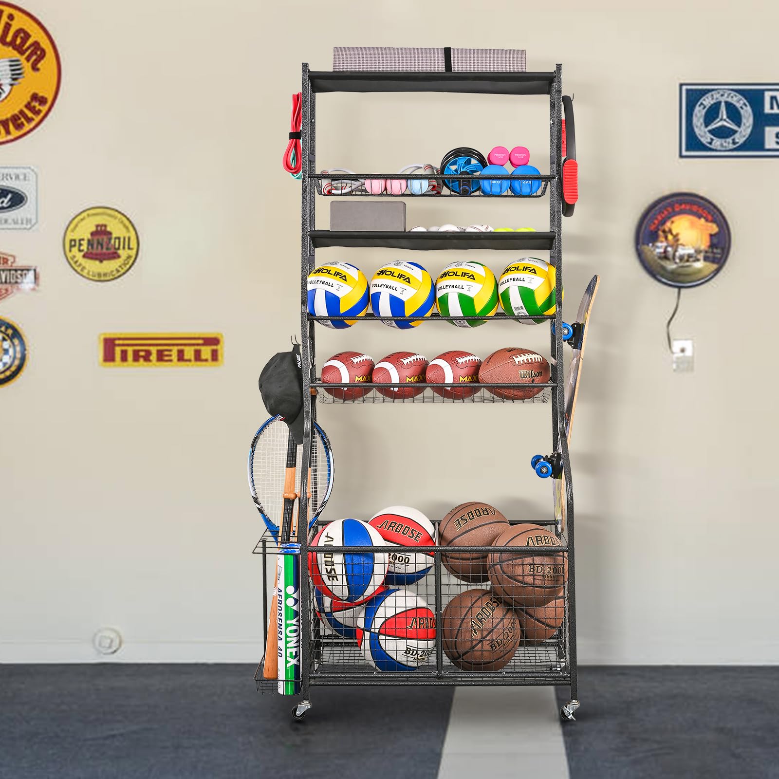 Mythinglogic Sports Equipment Garage Organizer,Garage Ball Storage for Sports Gear and Toys, Rolling Ball Cart with Wheels for Indoor/Outdoor Use