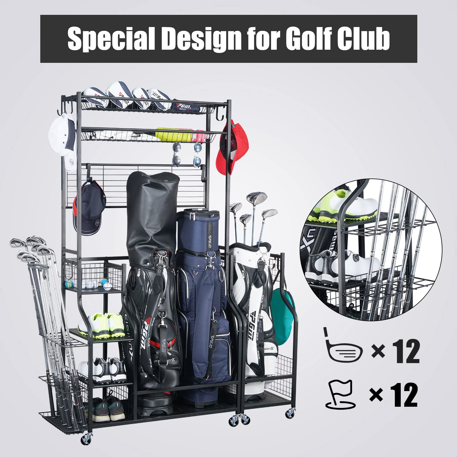 Mythinglogic Golf club Rack for Garage with Extra Golf Bag Rack and Top Organizer, Best Gift for Golfers