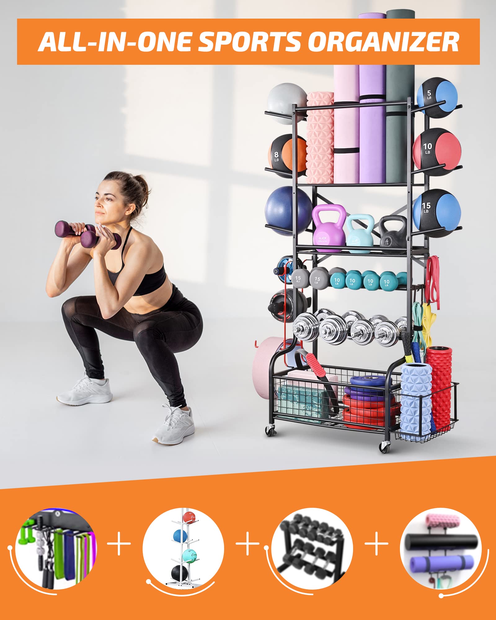  PLKOW Dumbbell Rack, Weight Rack for Dumbbells, Home Gym  Storage for Dumbbells Kettlebells Yoga Mat and Balls, All in One Workout  Storage with Wheels and Hooks, Powder Coated Finish Steel 