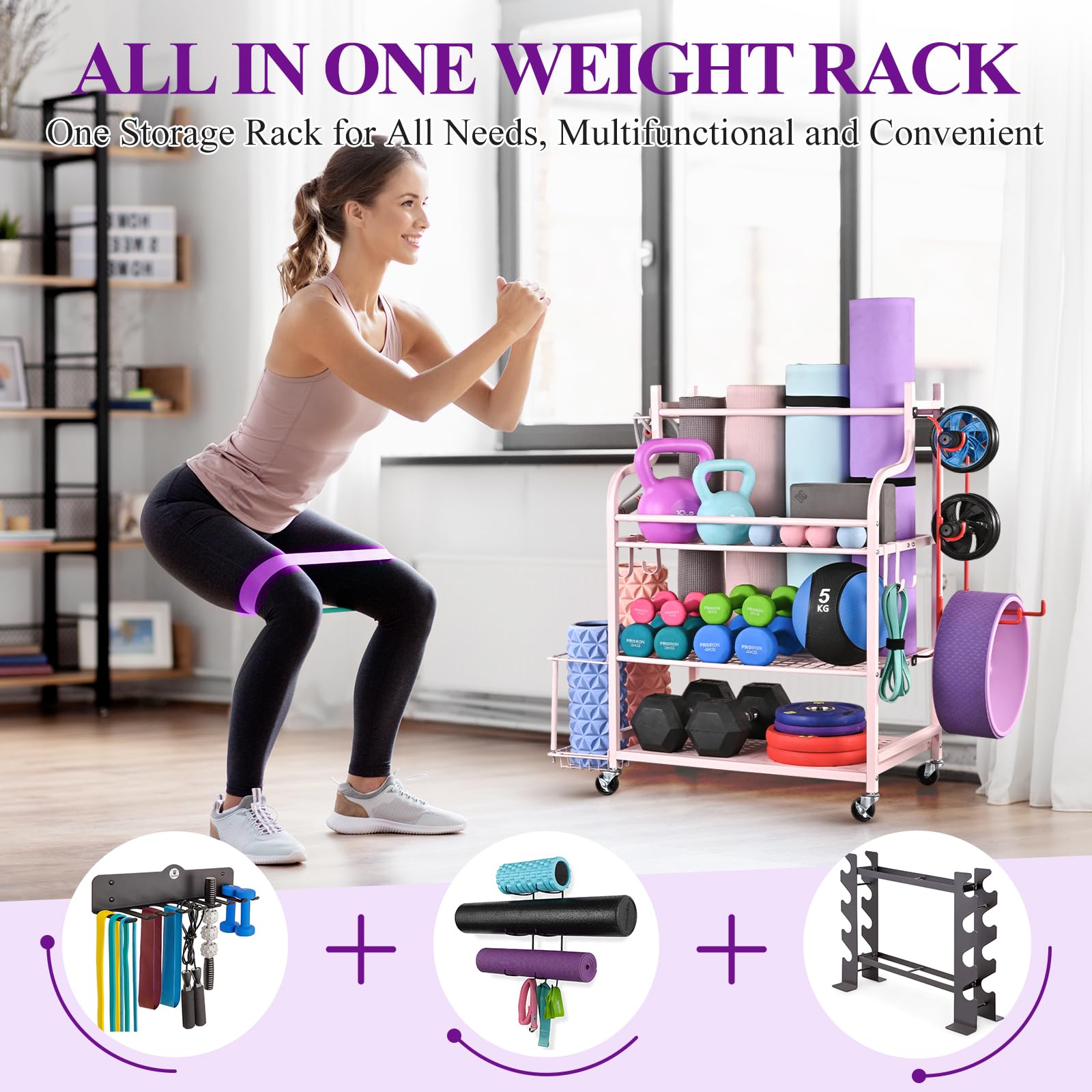 Mythinglogic Home Gym Storage Rack for Yoga Equipment, Pink