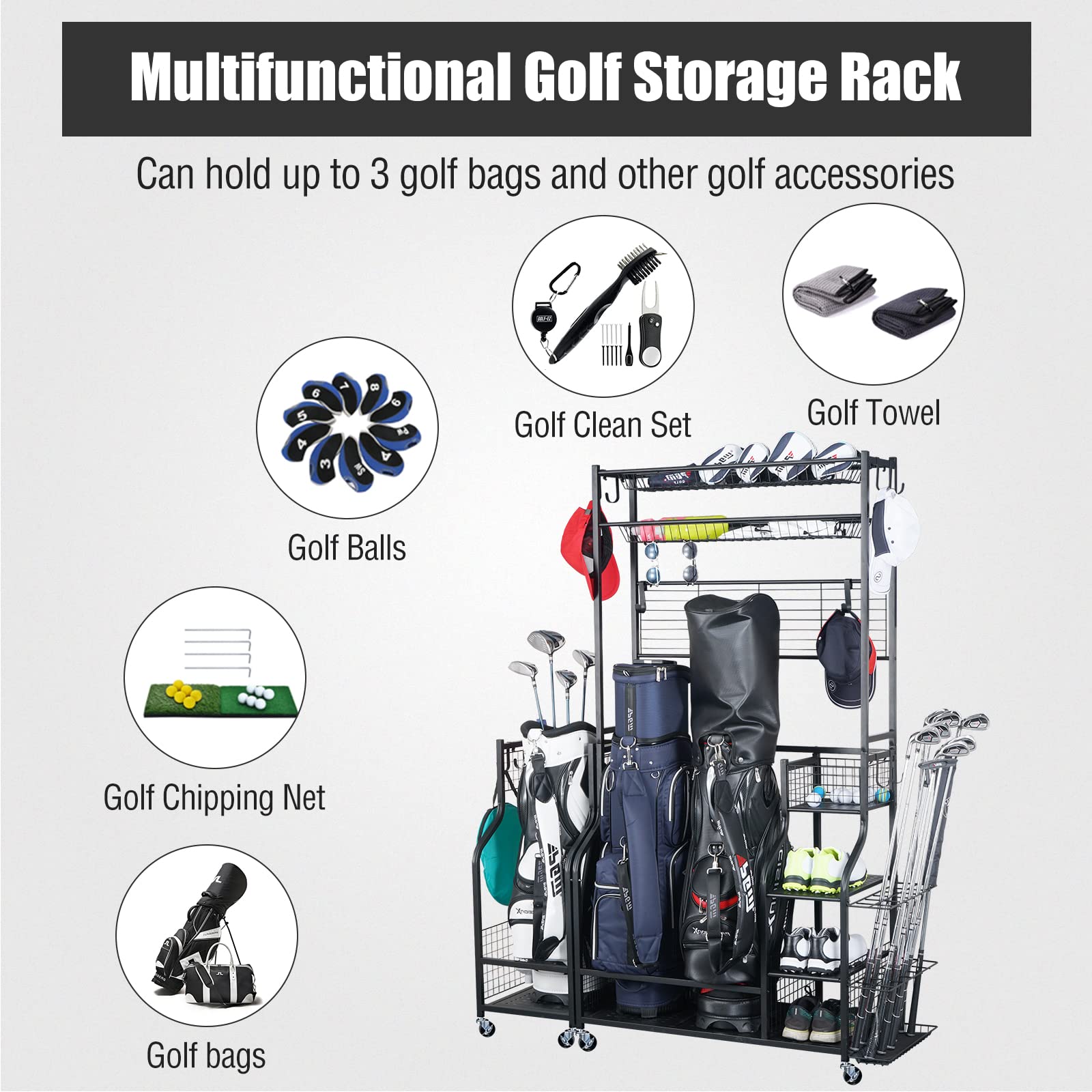 Mythinglogic Golf club Rack for Garage with Extra Golf Bag Rack and Top Organizer, Best Gift for Golfers