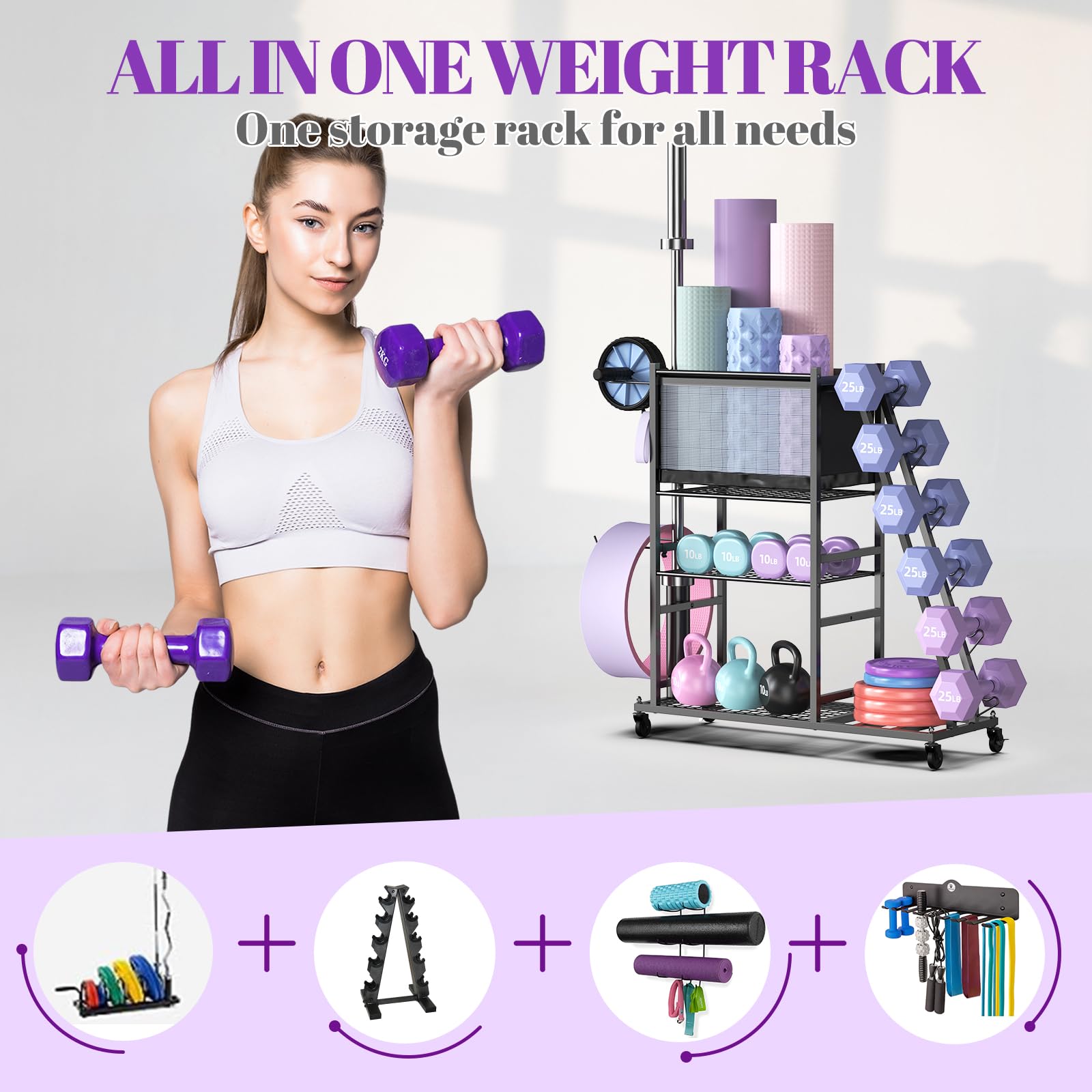 Mythinglogic Weight Rack for Yoga Mat Dumbbells Kettlebells and Strength Training Equipment,  with Wheels and Hanging Hooks