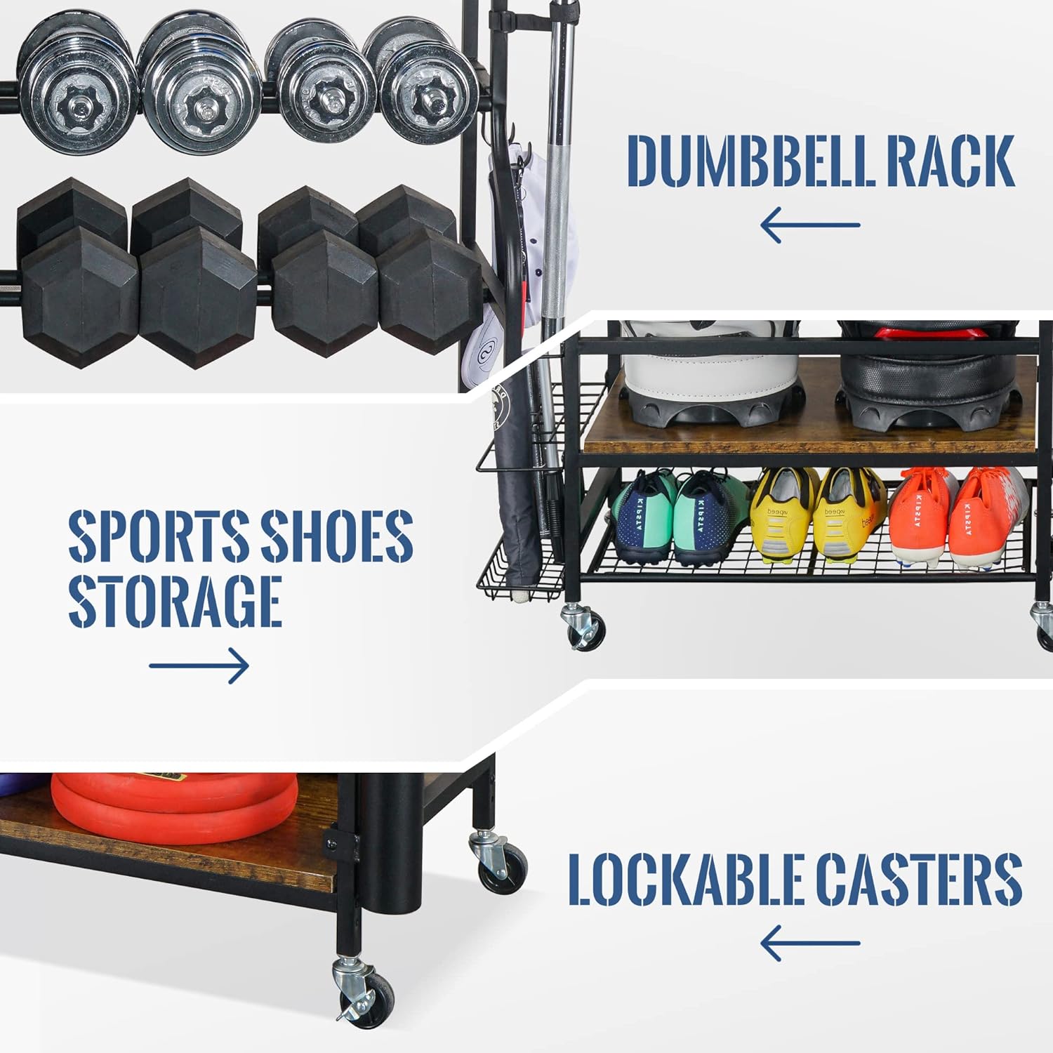 Mythinglogic Weight Rack for Dumbbells, Yoga Mat, Kettlebells and Strength Training Equipmen with Wheels and Hanging Hooks