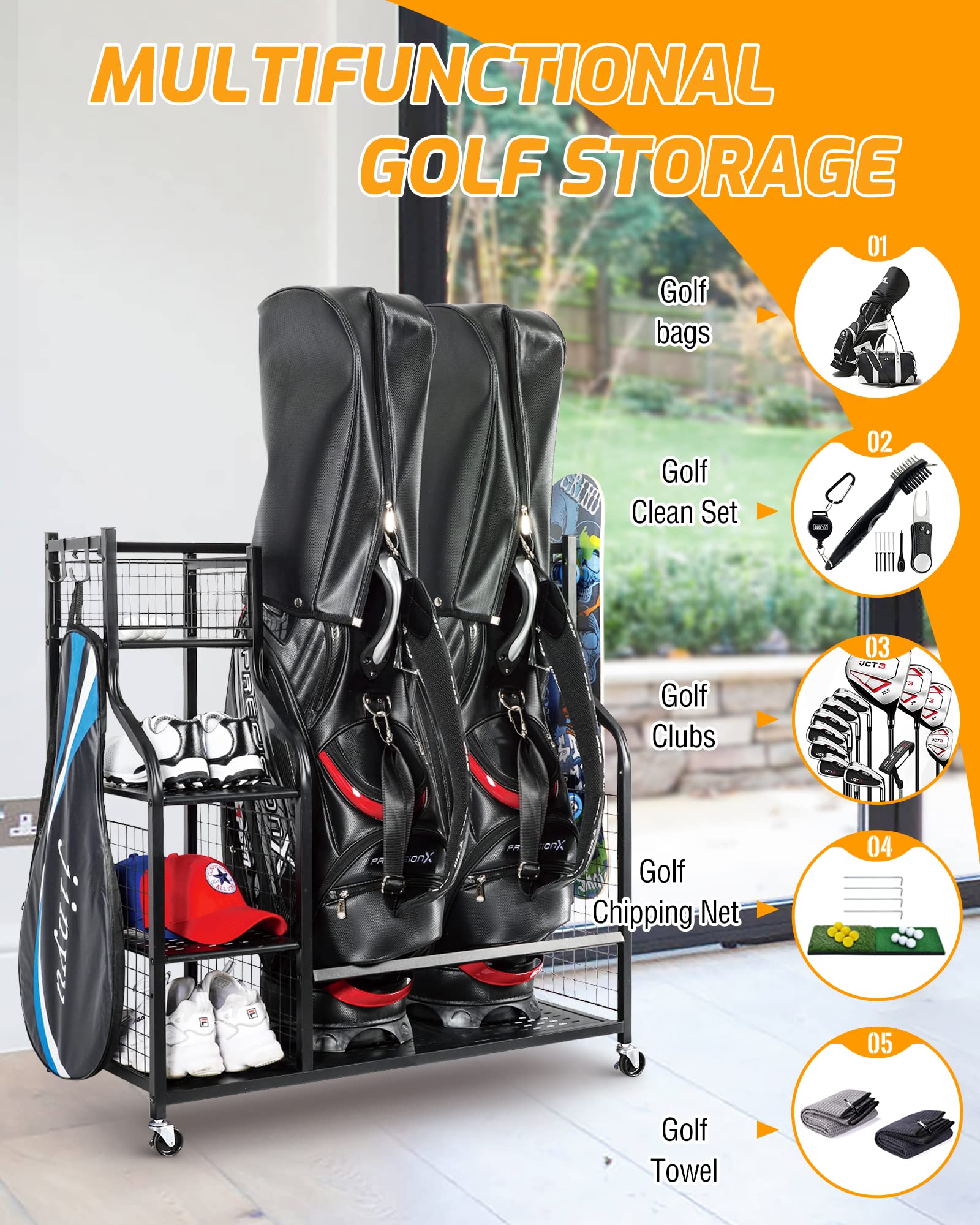 PLKOW Golf Bag Storage Garage Organizer, Fit for 2 Golf Bags and Golf Accessories