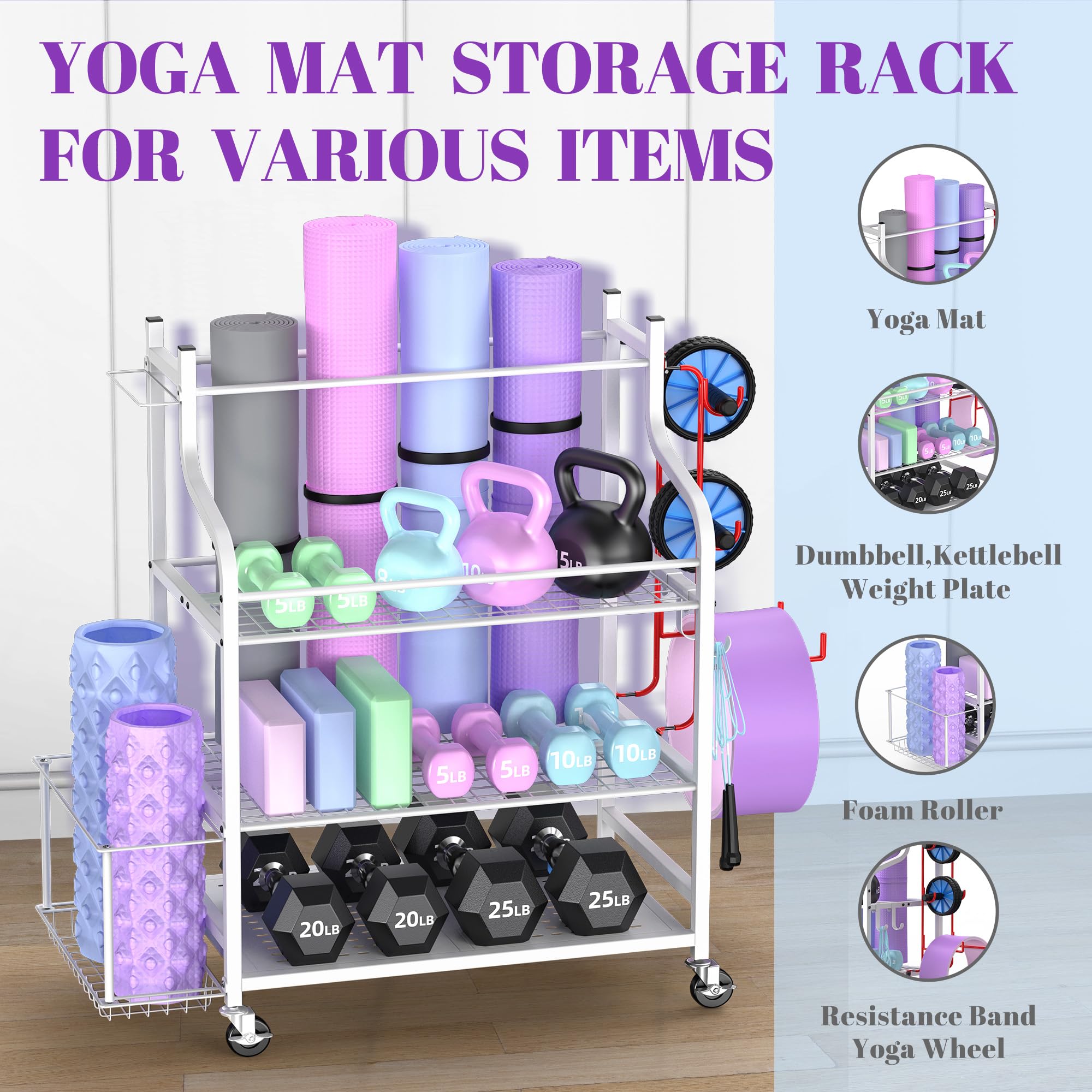 Mythinglogic Home Gym Storage Rack for Yoga Equipment, White