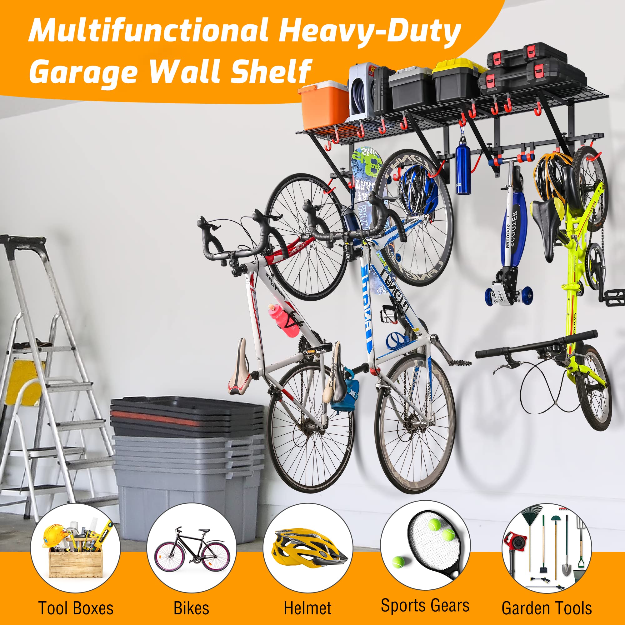 PLKOW Garage Wall Shelving Includes Bike Hooks, Sturdy Adjustable Garage Shelving Wall Mount Garage/Organizer (Black, 2-Pack)