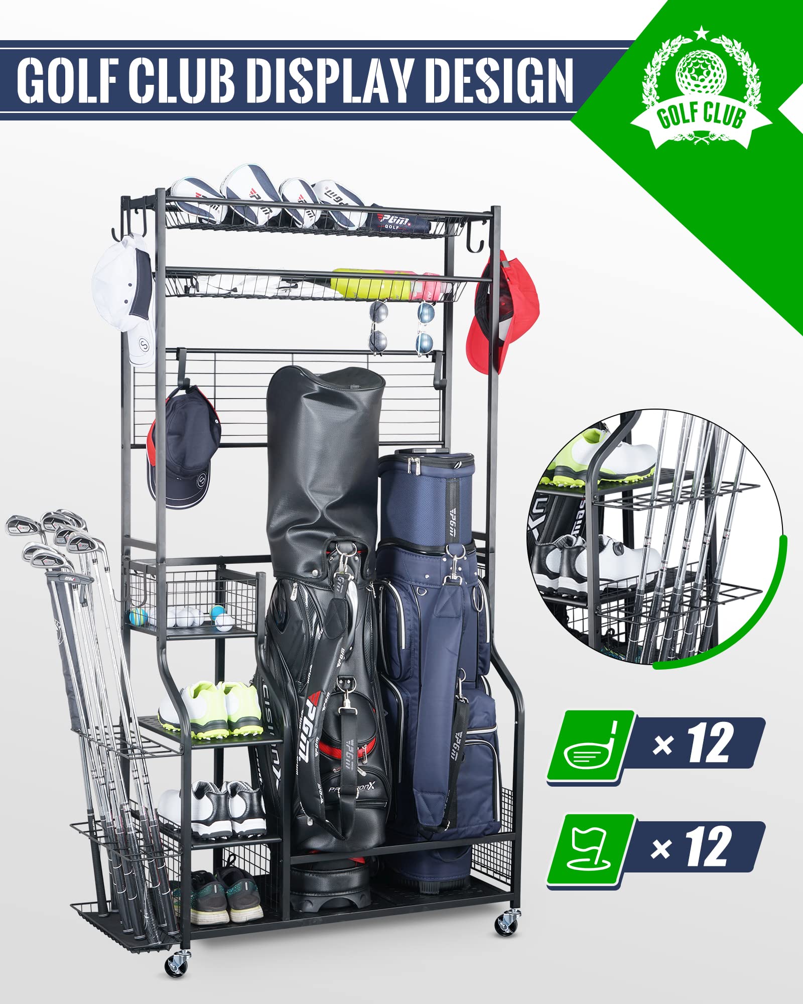 Mythinglogic Golf Bag Stand, Golf Organizer for Garage with Extra Top Organizer