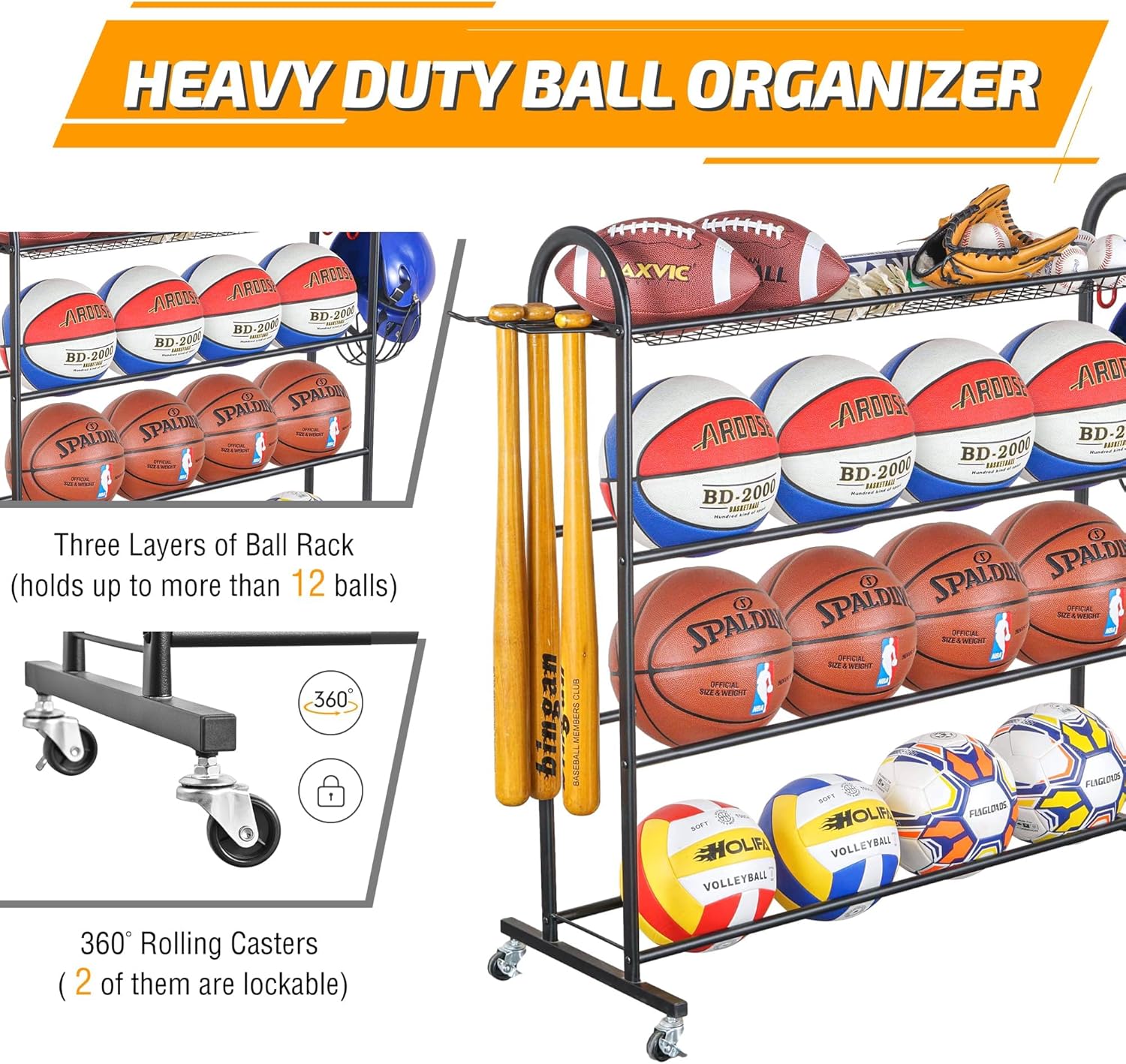 PLKOW Basketball Rack, Rolling Ball Storage with Baseball Bat Holder and Hooks, Sports Equipment Storage with Wheels for Volleyball, Football and Basketball Accessories, Powder Coated Steel