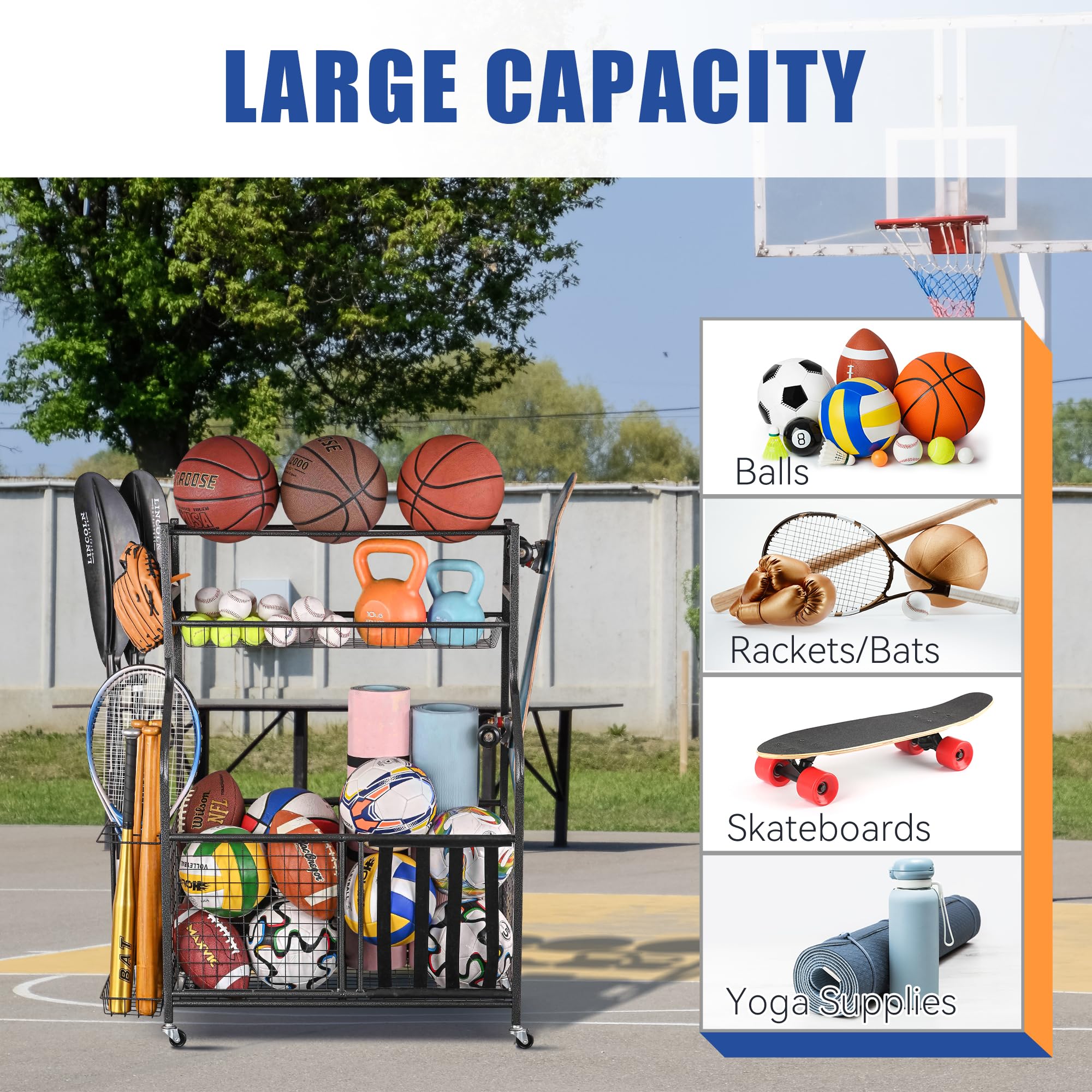 Mythinglogic Sports Equipment Organizer, Large Capacity Storage With Hooks and Baskets, Ball and Toy Organizer for Garage
