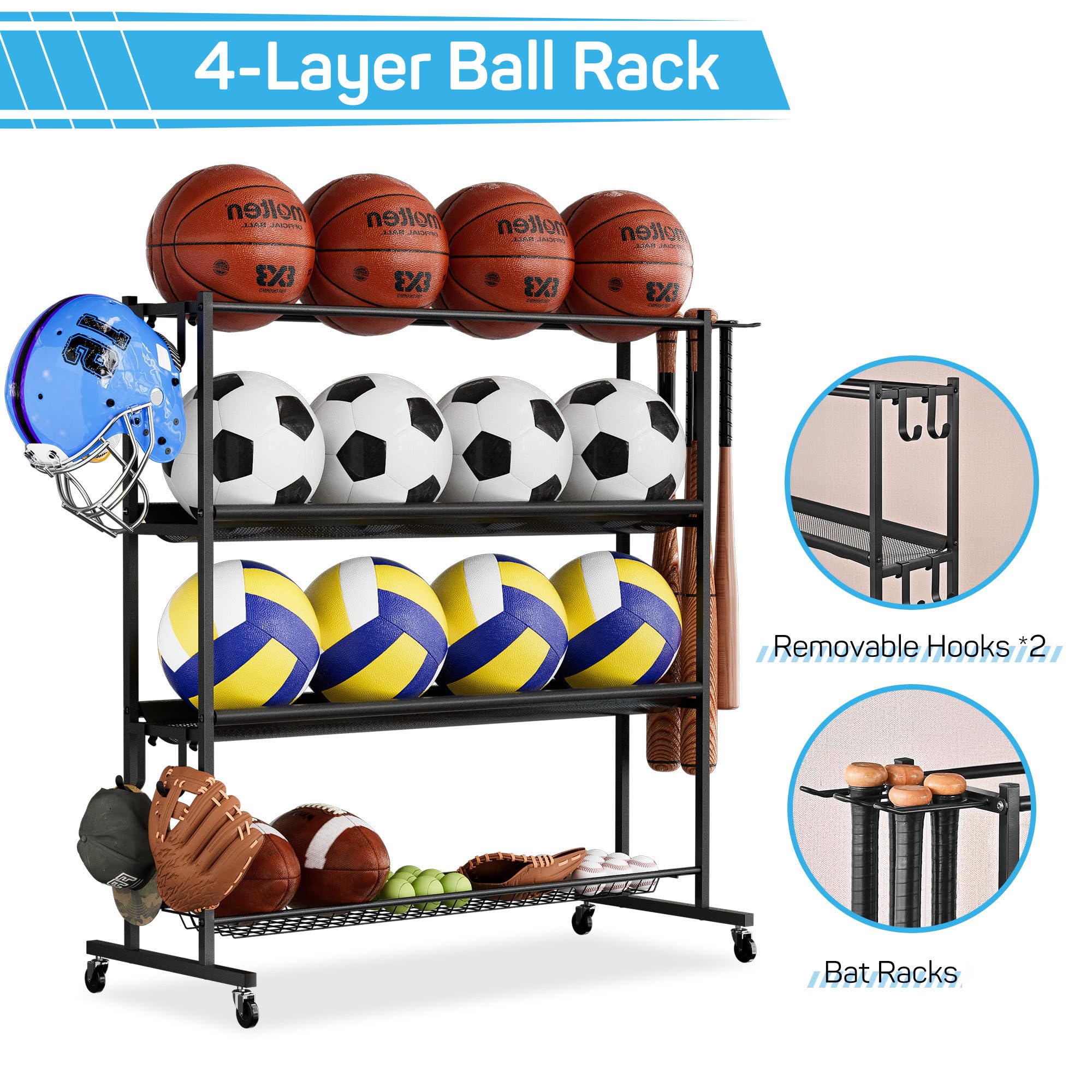 Mythinglogic Basketball Rack, Sports Equipment Storage with Wheels