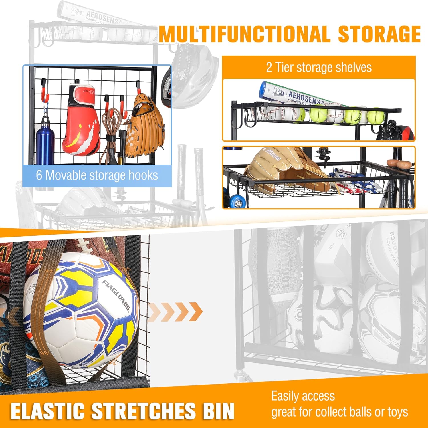 PLKOW Ball Storage Rack, Garage Sports Equipment Storage, Garage Organizer for Toys Sports Gears Balls, Black, Steel