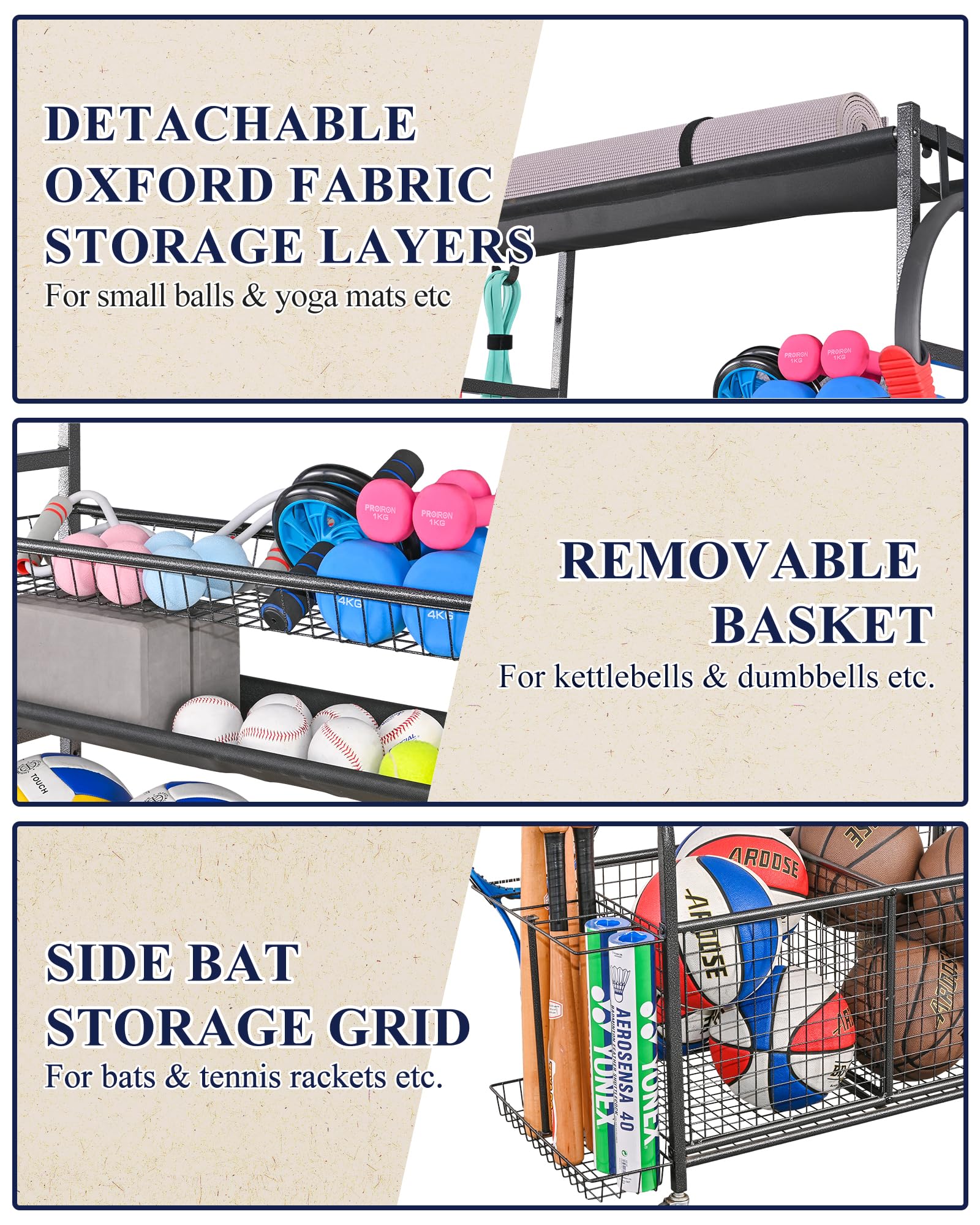 Mythinglogic Sports Equipment Garage Organizer,Garage Ball Storage for Sports Gear and Toys, Rolling Ball Cart with Wheels for Indoor/Outdoor Use