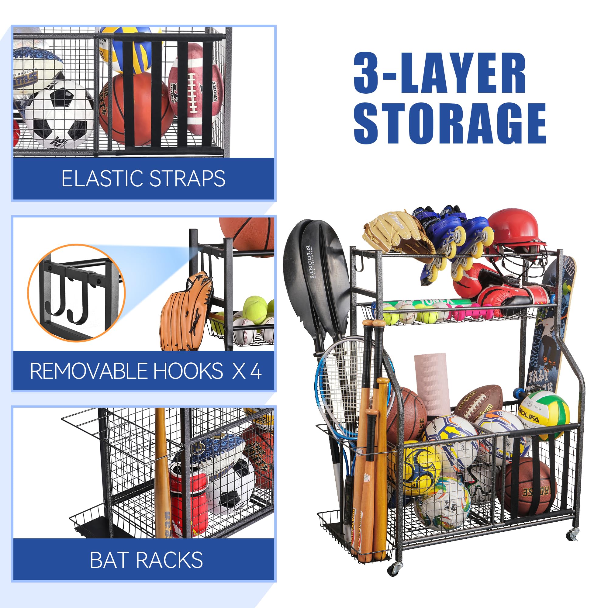 Mythinglogic Sports Equipment Organizer, Large Capacity Storage With Hooks and Baskets, Ball and Toy Organizer for Garage