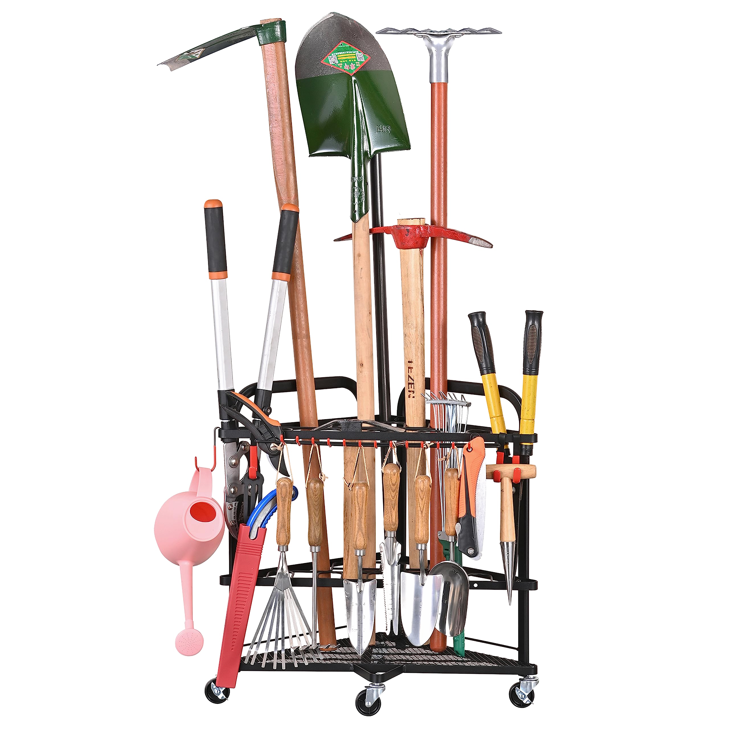 PLKOW Garden Tool Organizer with Wheels and Storage Hooks, Rolling Corner Tool Storage Rack for Garden