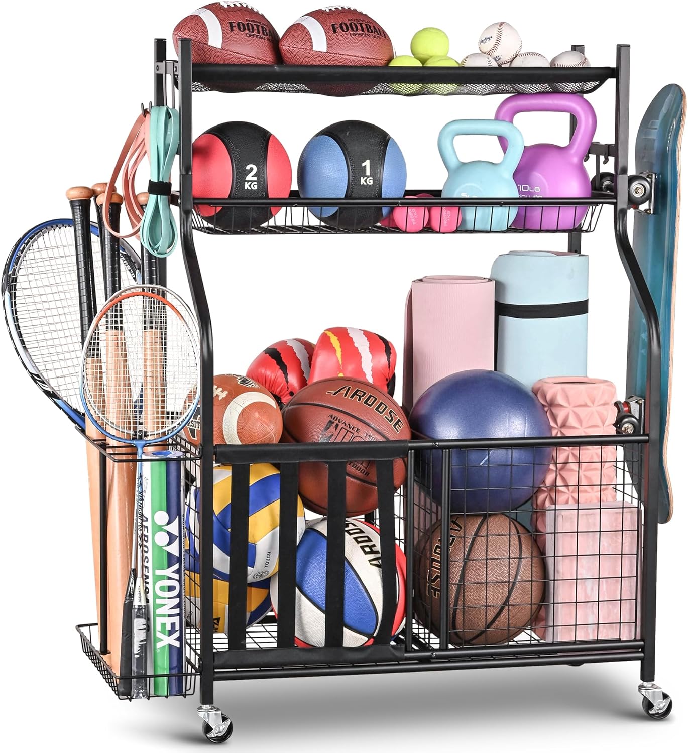 PLKOW Sports Equipment Storage for Garage, Garage Sports Equipment Organizer, Ball Storage Rack, Garage Organizer with Basket and Hooks for Toy Sports Gear Storage, Black