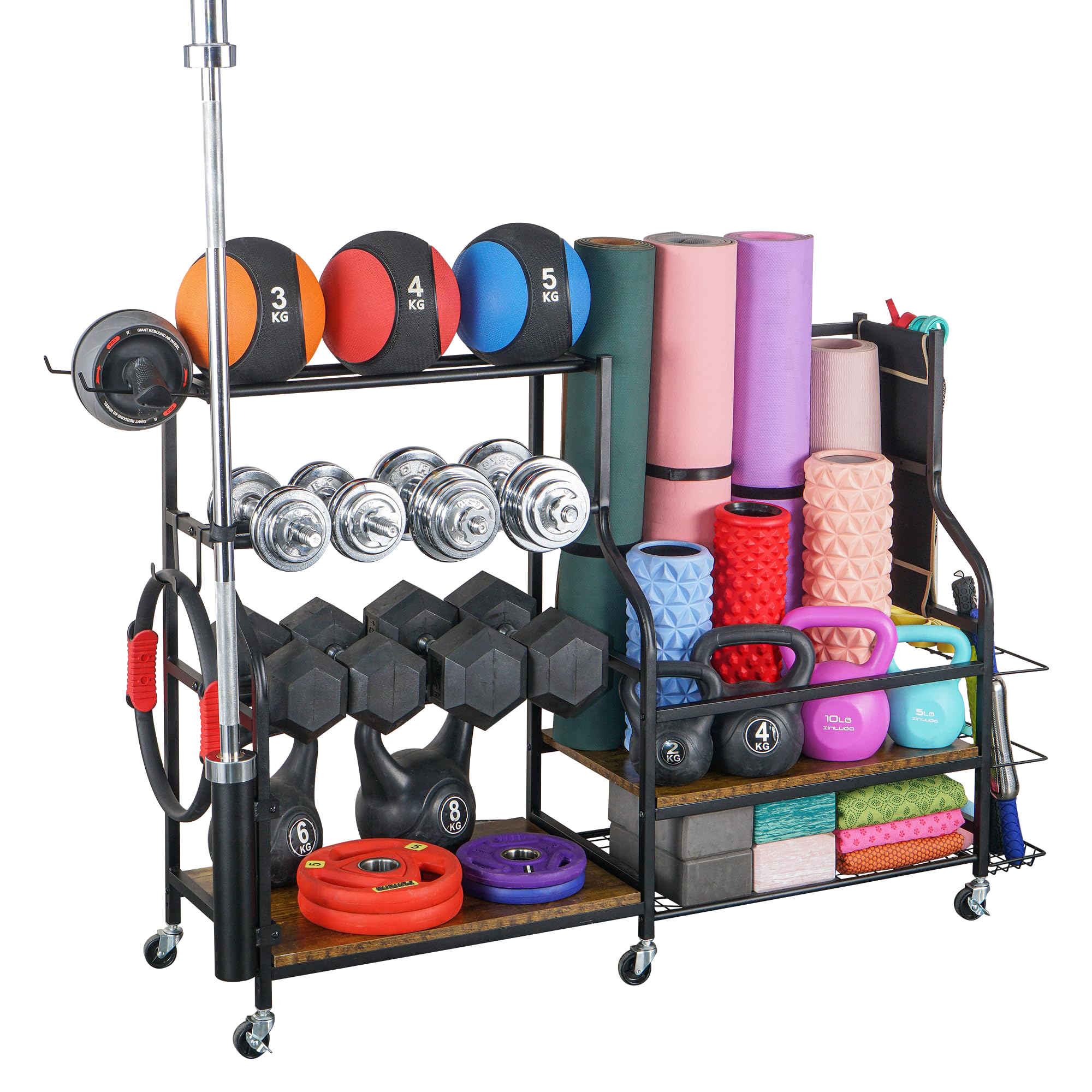 Home Gym Workout Equipment Storage Rack, Yoga Mat Dumbbell Kettlebells Foam  Roller Resistance Bands Storage Rack Cart with Hooks and Wheels, Workout  Equipment Storage Organizer for Home Gym, Dumbbell Racks 
