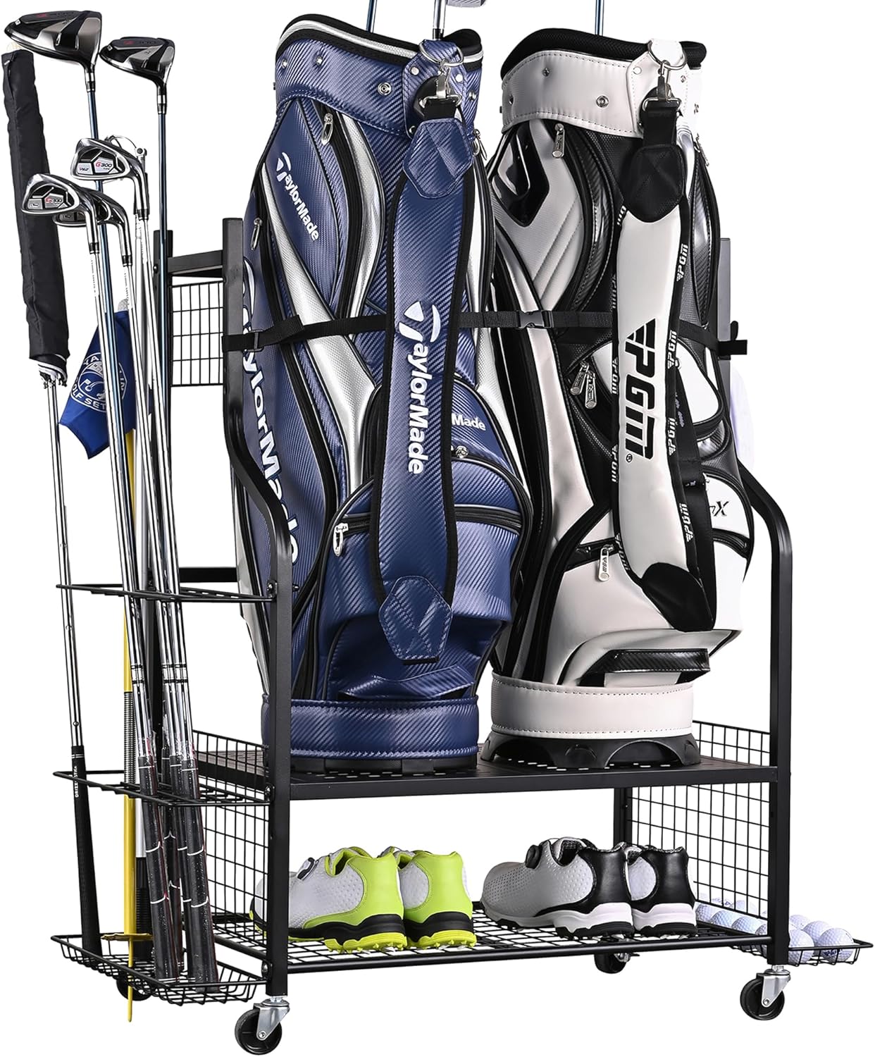 PLKOW Golf Storage Golf Bag Organizer Fits for 2 Golf Bags Golf Clubs Golf Equipment, Golf Bag Holder Golf Organizer for Garage Shed Basement