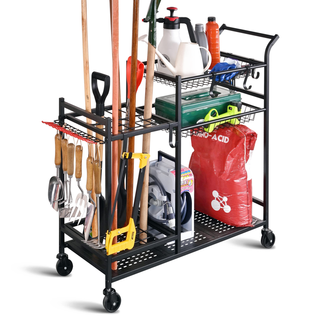 Turf Storage Rack PLKOW Garden Storage Rack Cart with Wheels for Rakes, Shovel, Fertiliz