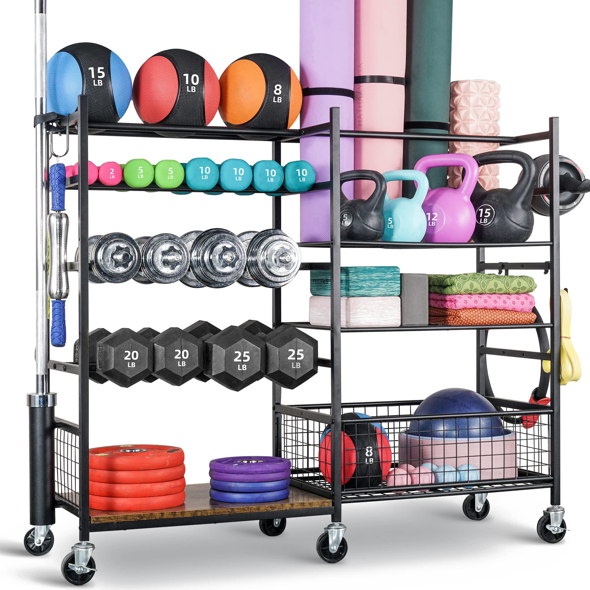 PLKOW Dumbbell Rack, Weight Rack for Dumbbells, Home Gym Storage for Dumbbells Kettlebells Yoga Mat and Balls, All in One Workout Storage with Wheels and Hooks, Powder Coated Finish Steel