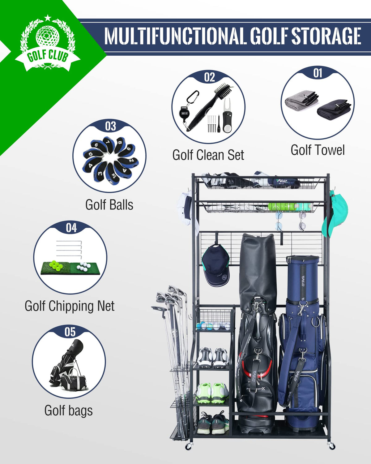 Mythinglogic Golf Bag Stand, Golf Organizer for Garage with Extra Top