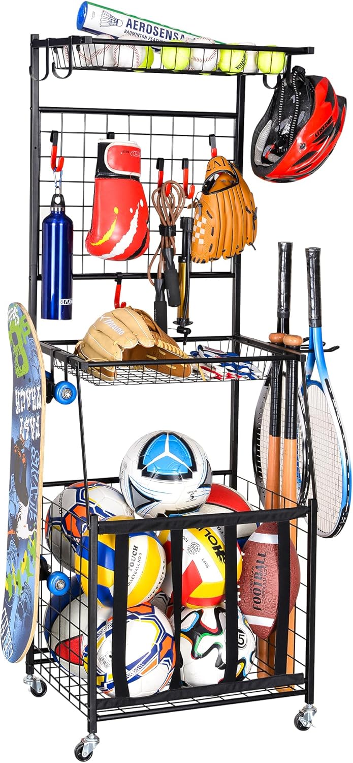 PLKOW Sports Equipment Organizer Garage Storage, Garage Ball Rack, Sports Gear Organizer for Garage