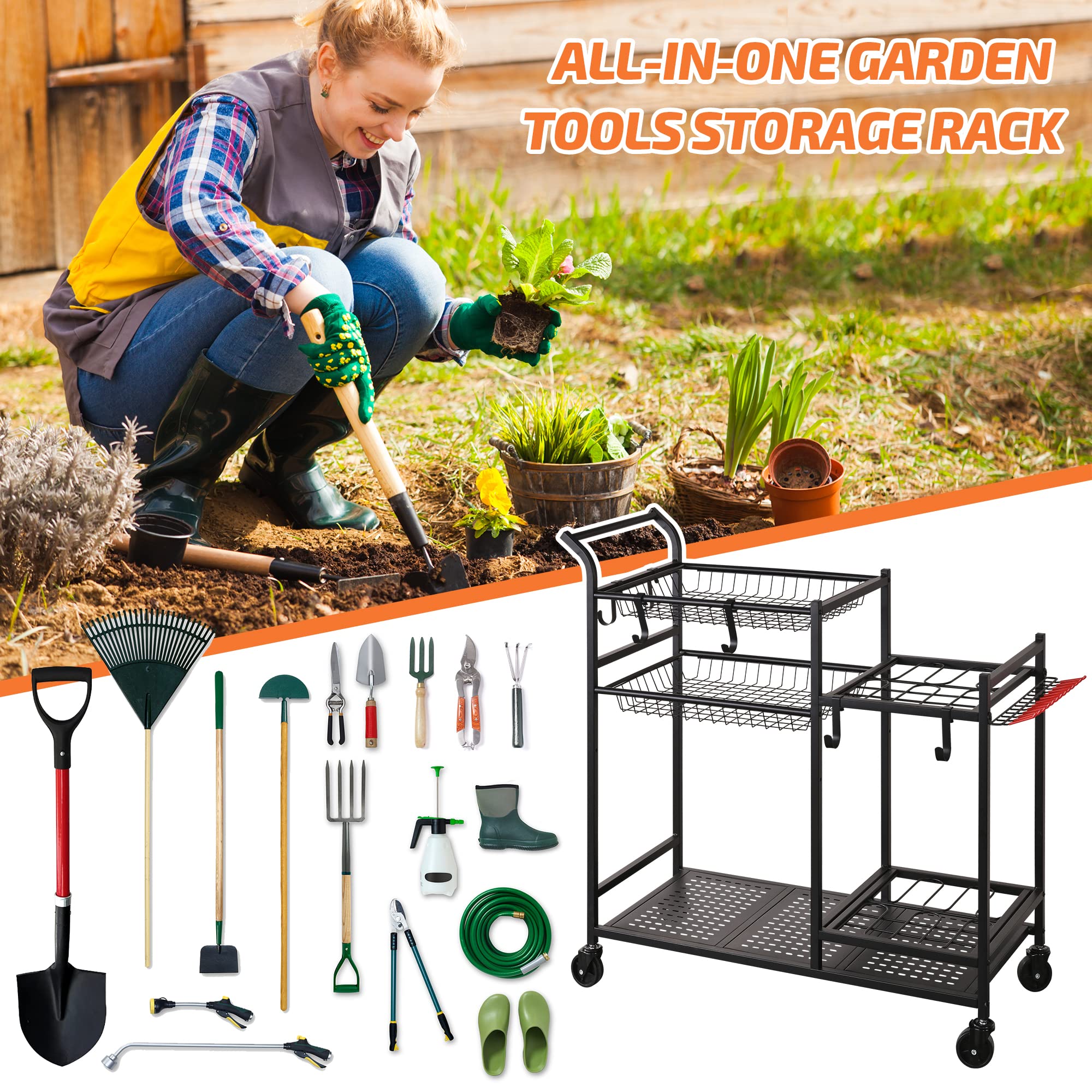 PLKOW Garden Tool Organizer with Wheels, Garden Tool Rack, Yard Tool Holder for Rakes, Shovel, Fertilizer, Garden Tool Storage for Garage, Shed, Outdoor