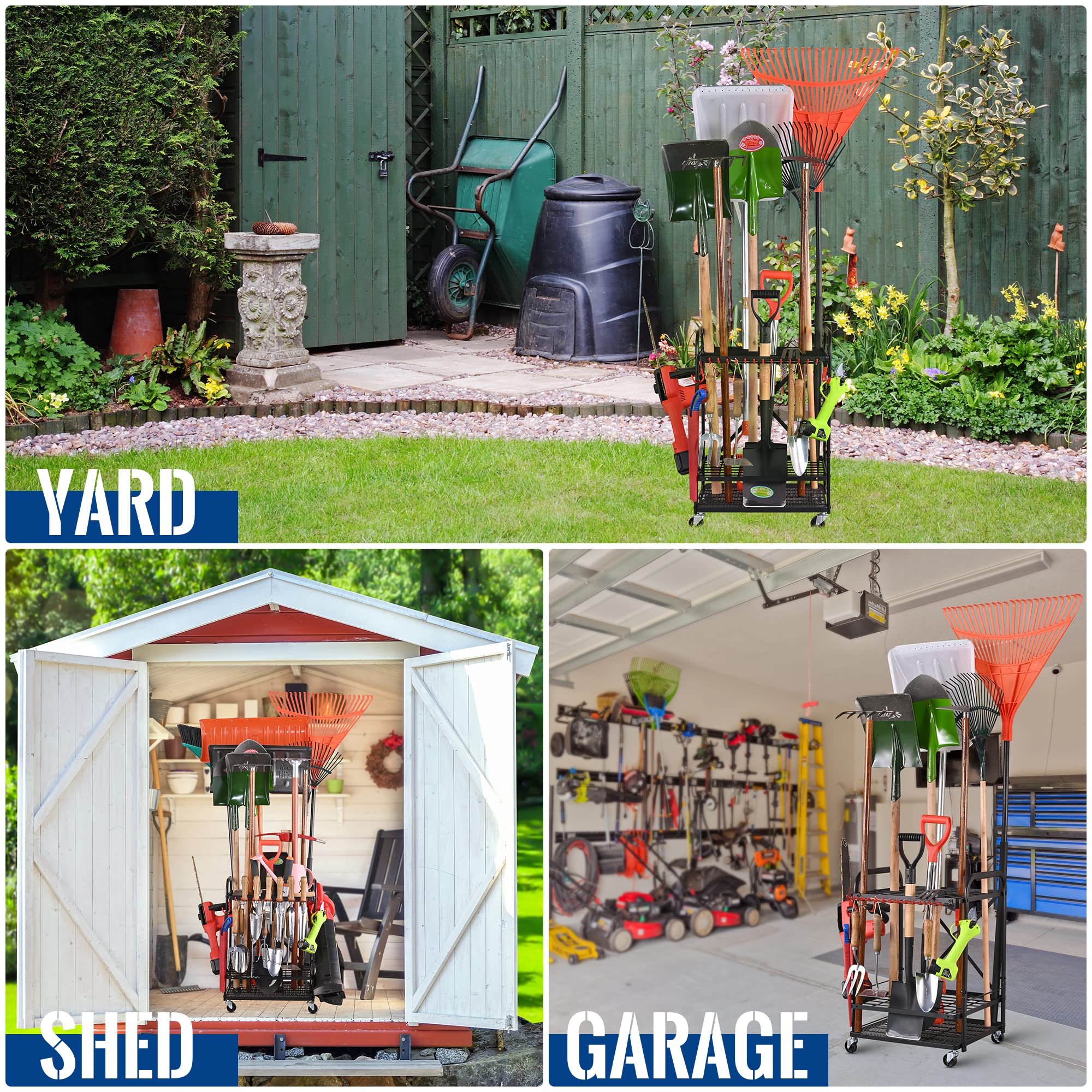 Mythinglogic Garden Yard Tool Organizer for Garage with Wheels